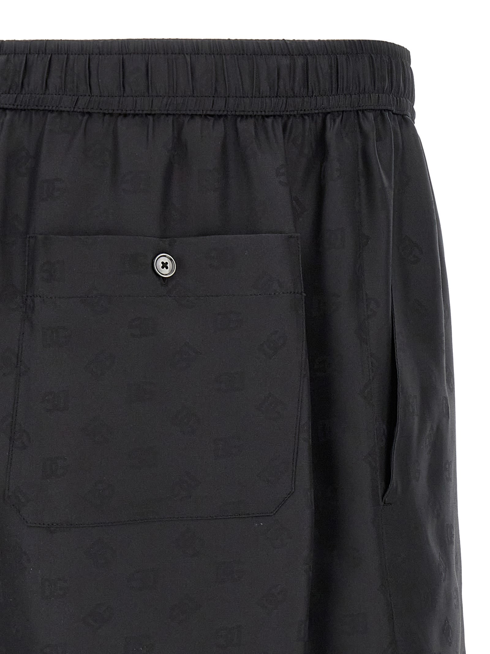 Dolce & Gabbana Black Bermuda Pants With Drawstring Elastic Waist And Maxi Print In Silk Man In White/black