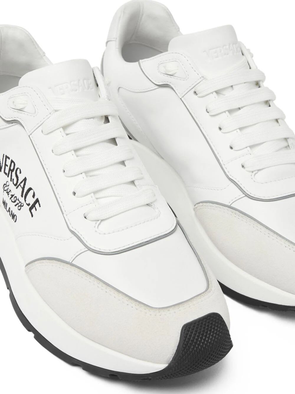 Shop Versace Sneaker Calf Leather+suede+ Embroidery In White