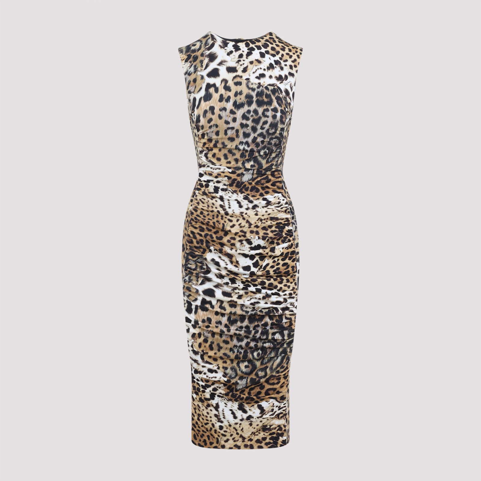 Roberto Cavalli Jaguar-print Gathered Midi Dress In Neutral
