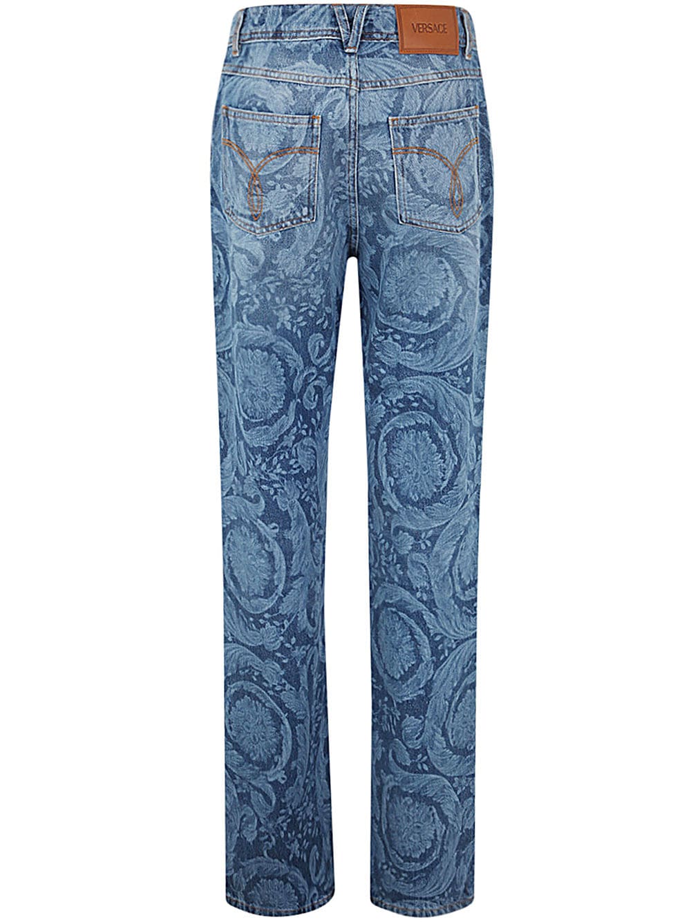 Shop Versace Pant Denim Laser Stone Wash Baroque Series Denim Fabric With Special Treatment In Medium Blue