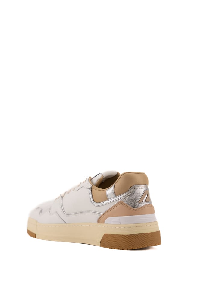 Shop Autry Clc Sneakers In White/beige/silver Leather And Suede In Wht/silv/candging
