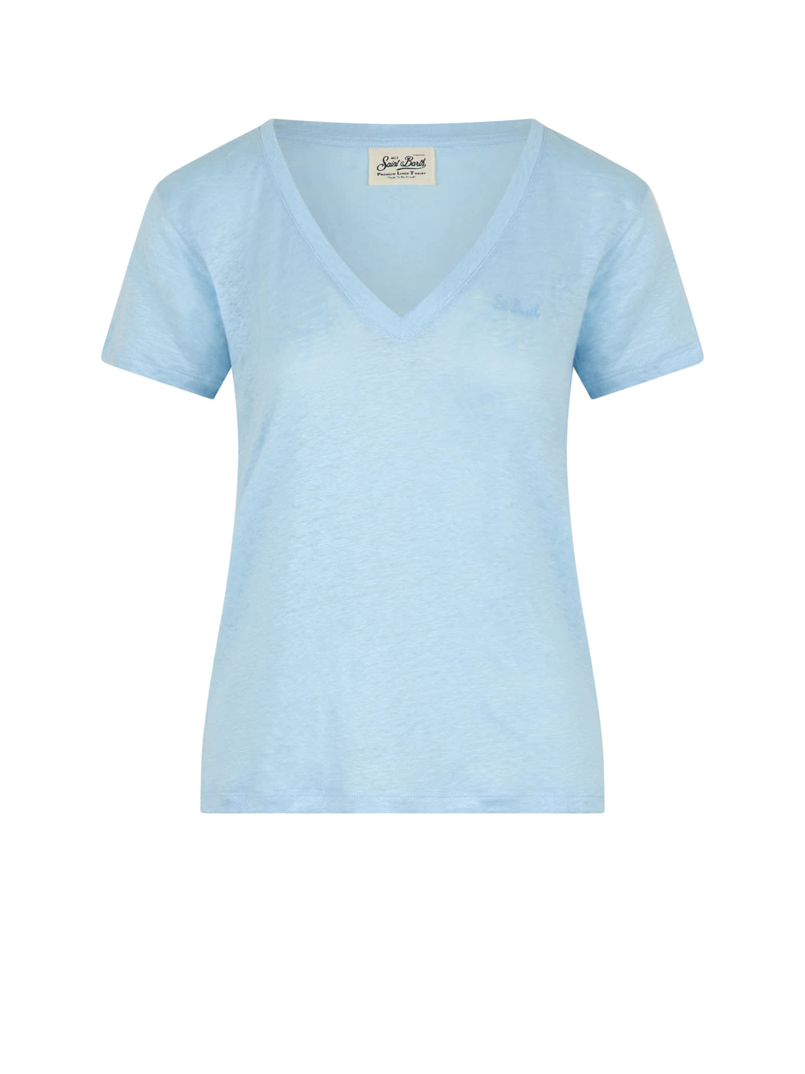 Shop Mc2 Saint Barth Light Blue V-neck Womens T-shirt With Logo
