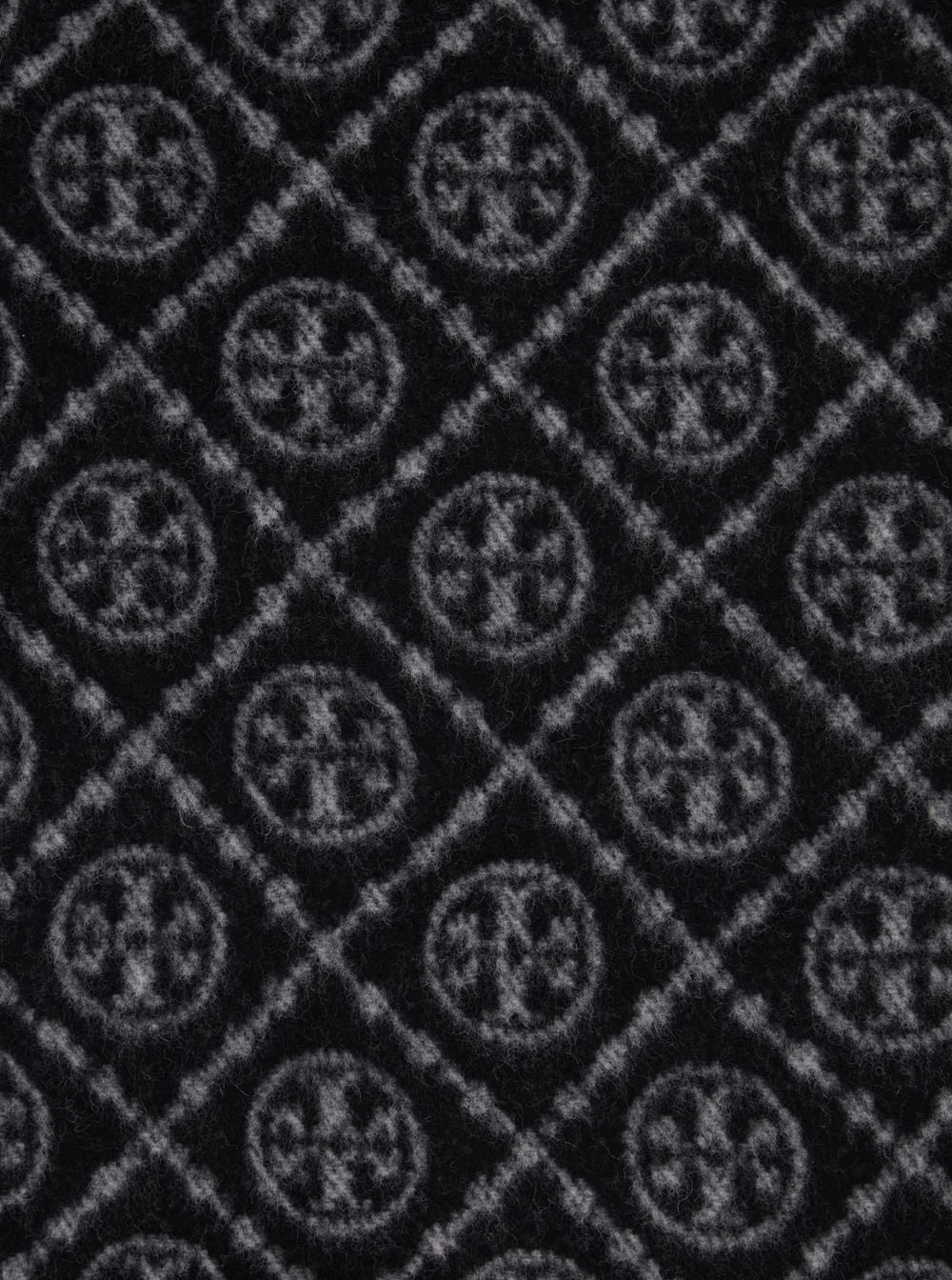 Tory Burch Black Scarf With All-over T Motif Monogram And Fringed Edges In Wool Woman In Black