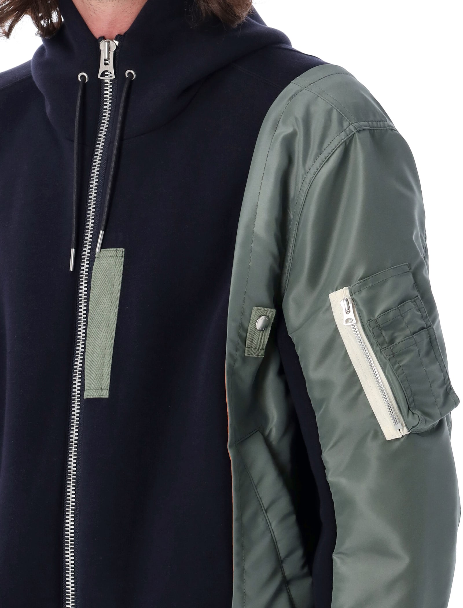 Shop Sacai Bomber Fleece Hoodie Zip In Navy Khaki