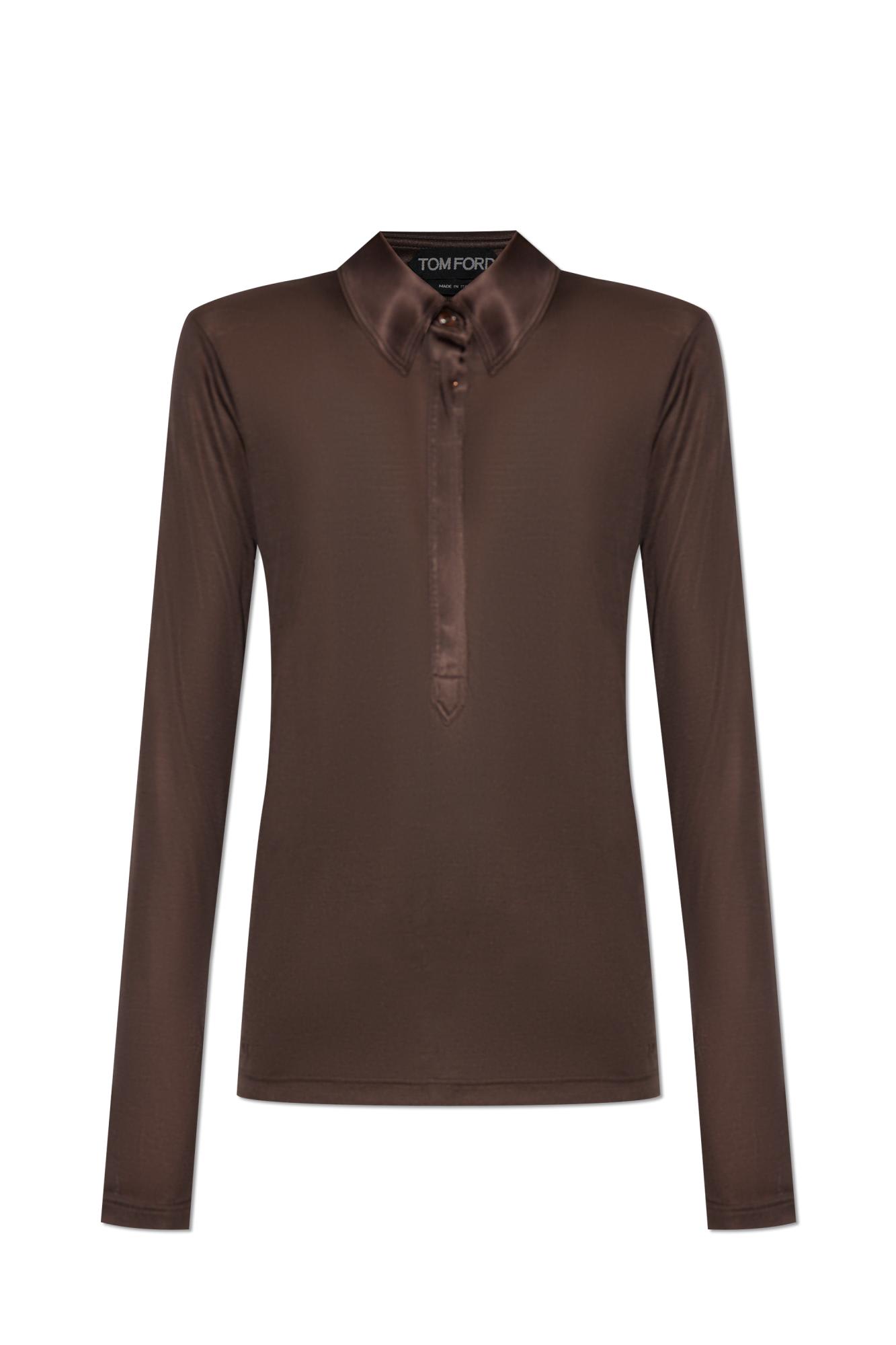 Tom Ford Silk Jersey Long Sleeve Polo In Brown