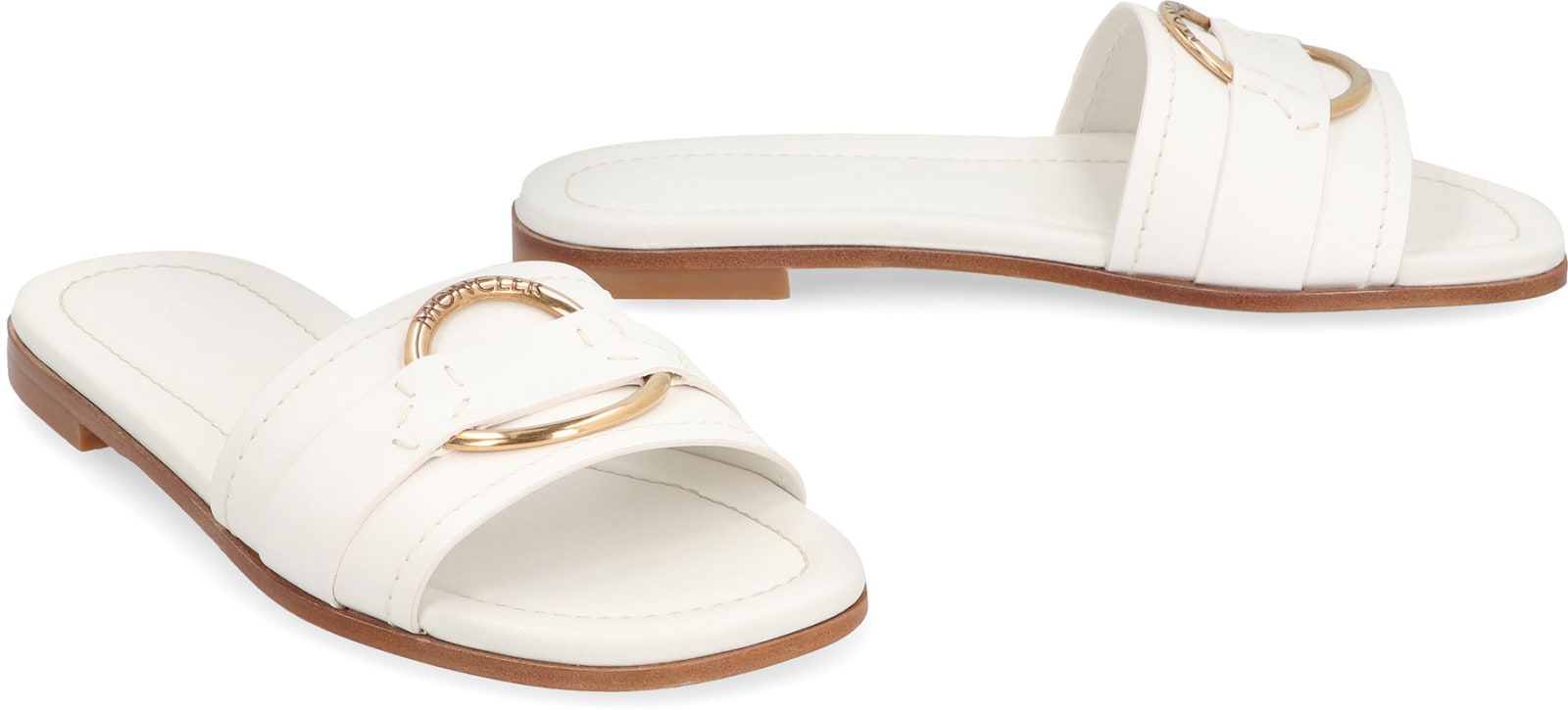 Shop Moncler Bell Leather Slides In White
