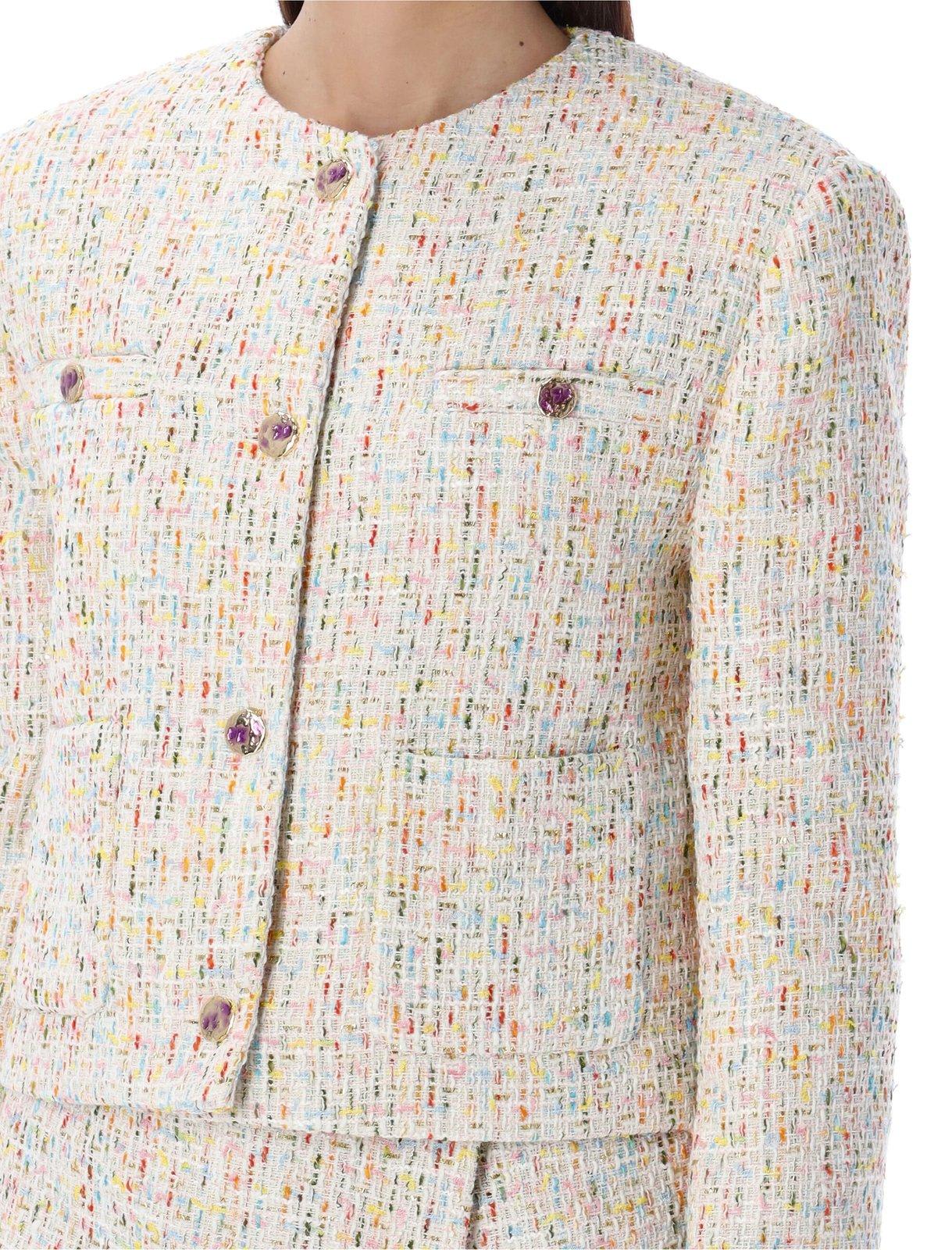 Shop Msgm Buttoned Cropped Tweed Blazer
