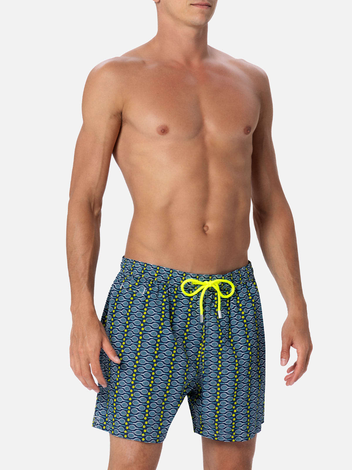 Mc2 Saint Barth Man Lightweight Fabric Swim-shorts Lighting Micro Fantasy With Tennis Print In Blue