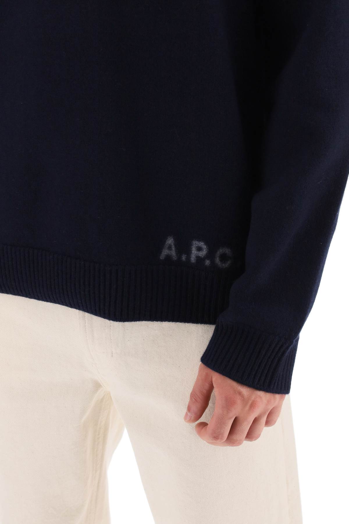 Shop Apc Edward Sweater With Logo Inlay In Dark Navy/camel