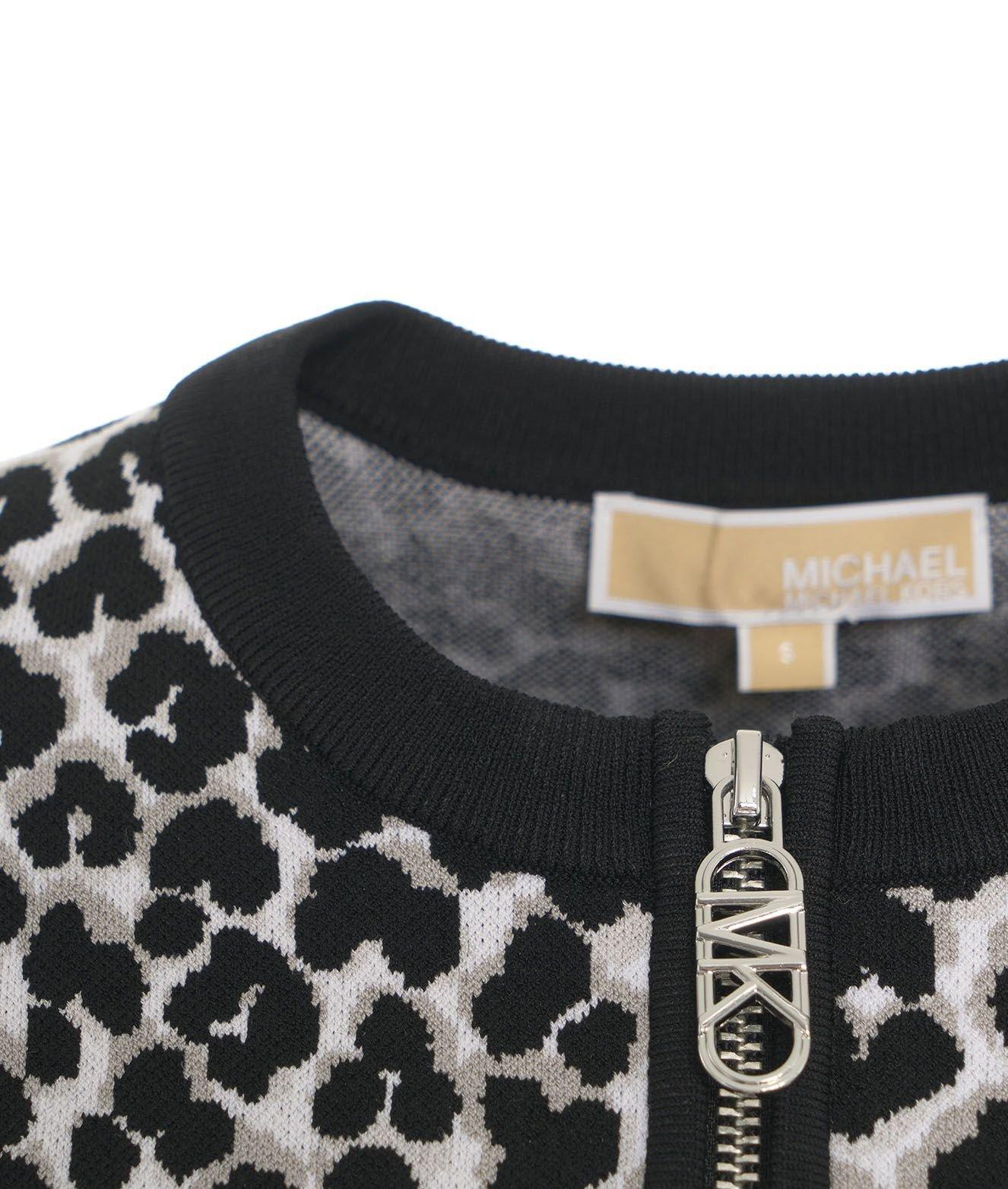 Shop Michael Kors Michael Leopard Jacquard Knit Zip Cardigan In Nero-leopardato