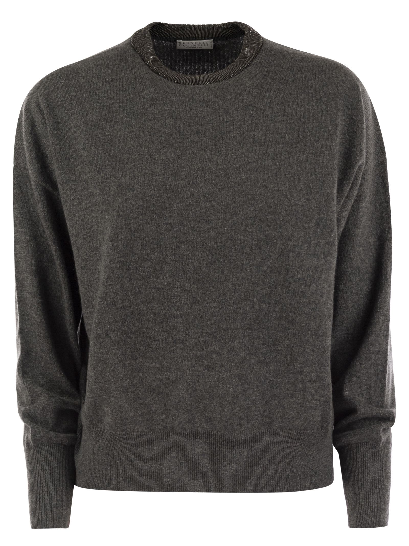 Shop Brunello Cucinelli Cashmere Sweater With Necklace In Anthracite