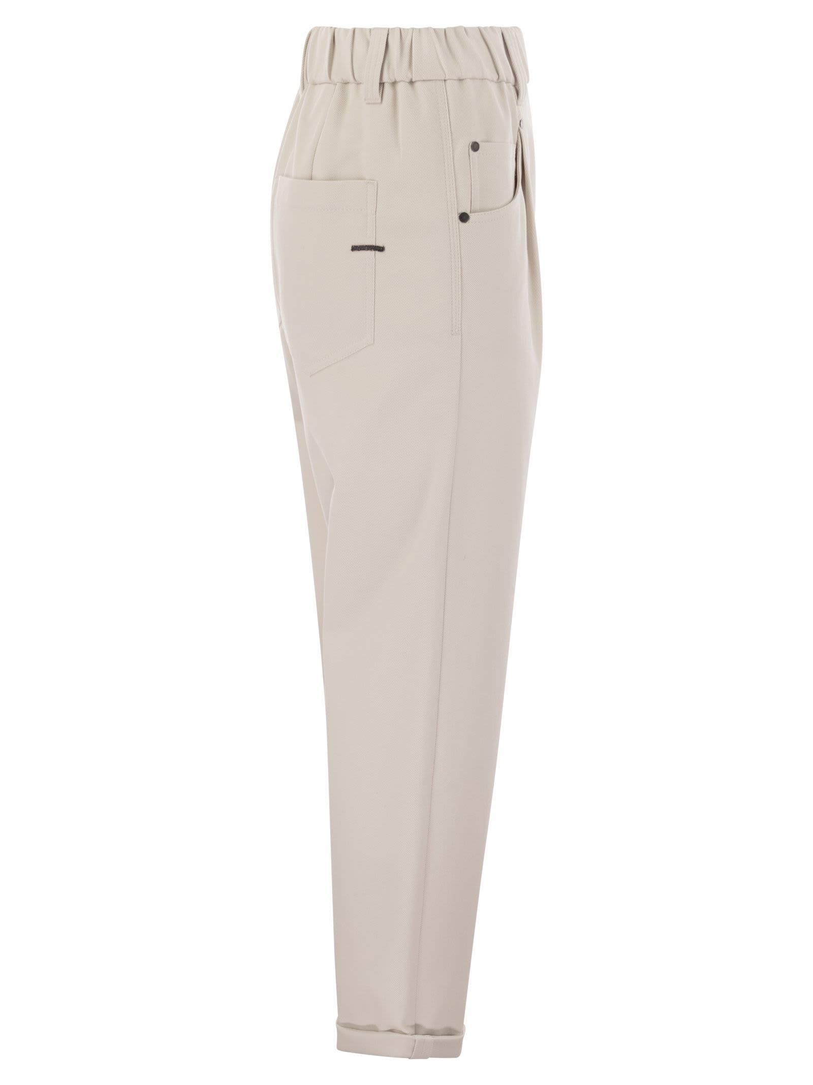 Shop Brunello Cucinelli Baggy Trousers In Stretch Cotton Cover-up With Shiny Bartack In White