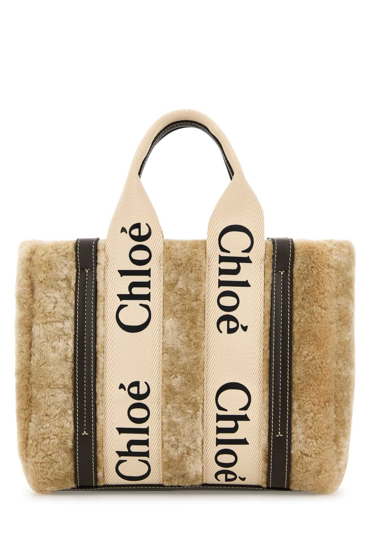 Chloé Beige Shearling Small Woody Shopping Bag
