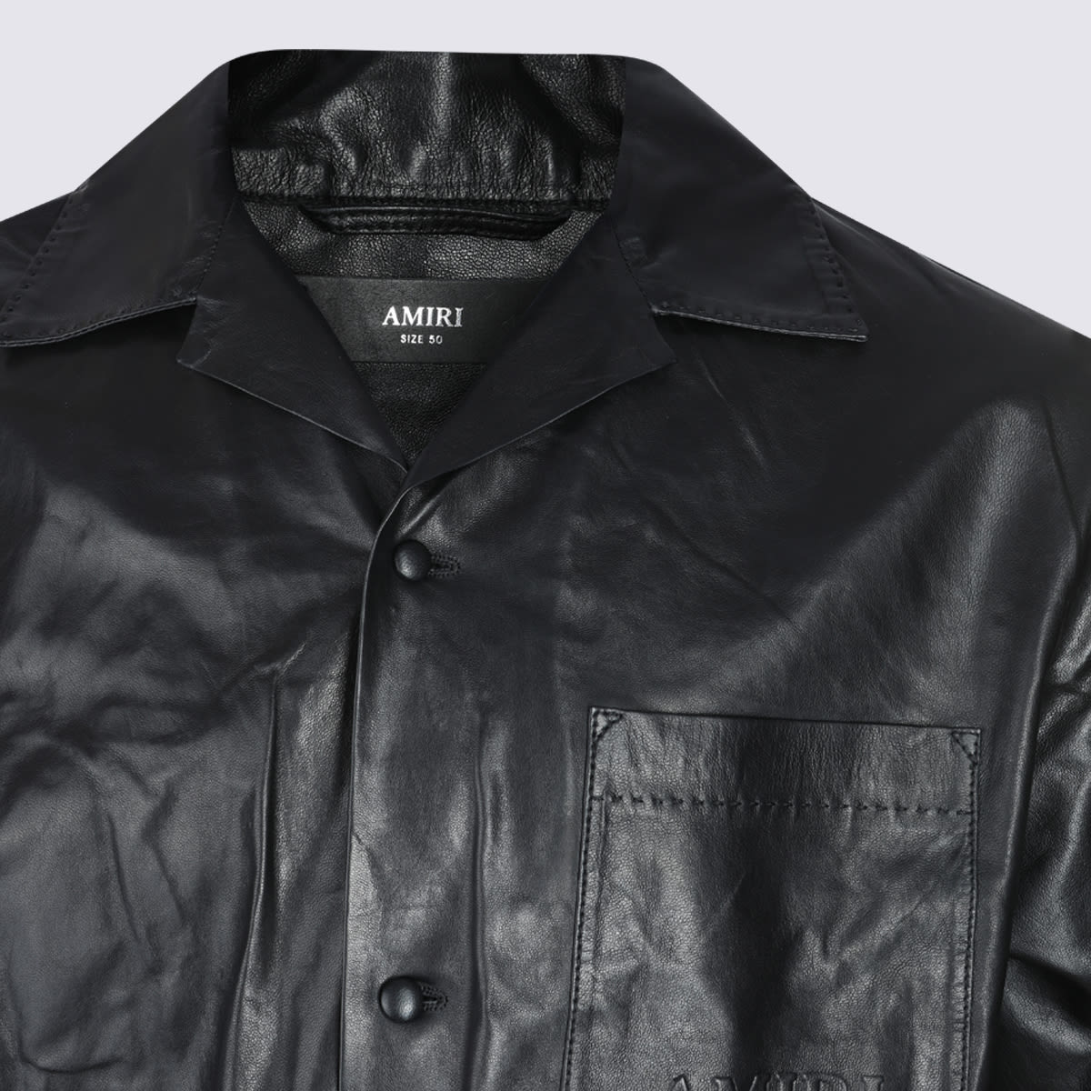 Amiri Short Sleeve Leather Jacket With Chest Pocket In Black