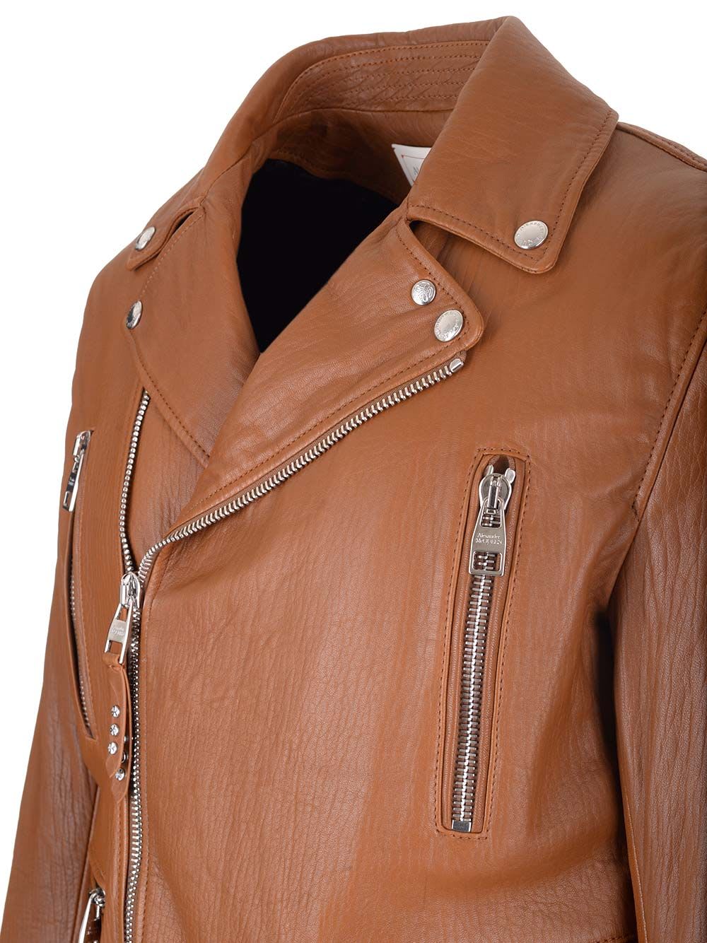 Shop Alexander Mcqueen Tobacco Leather Biker Jacket In Brown