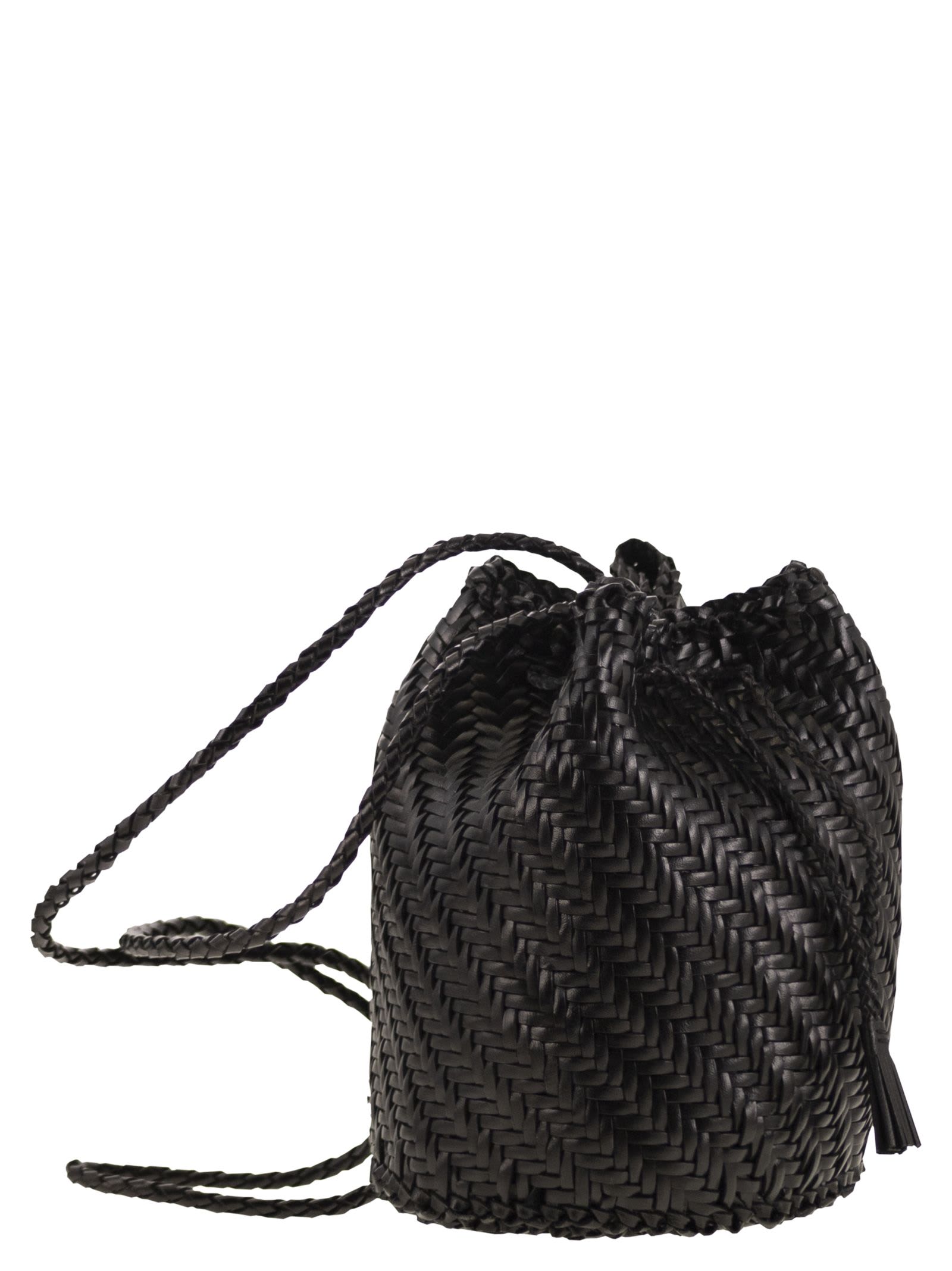 Dragon Diffusion Pompom Doublej Woven Leather Basket Bag In Black