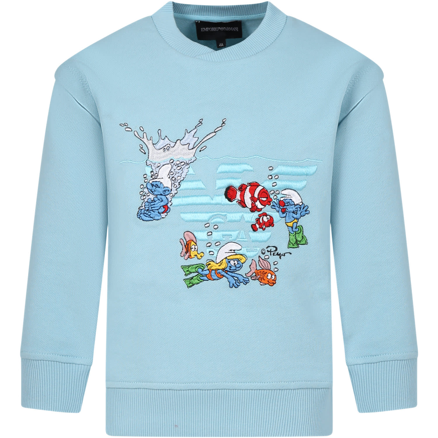 Emporio Armani Kids' Sky Blue Sweatshirt For Boy With The Smurfs In Sabbia