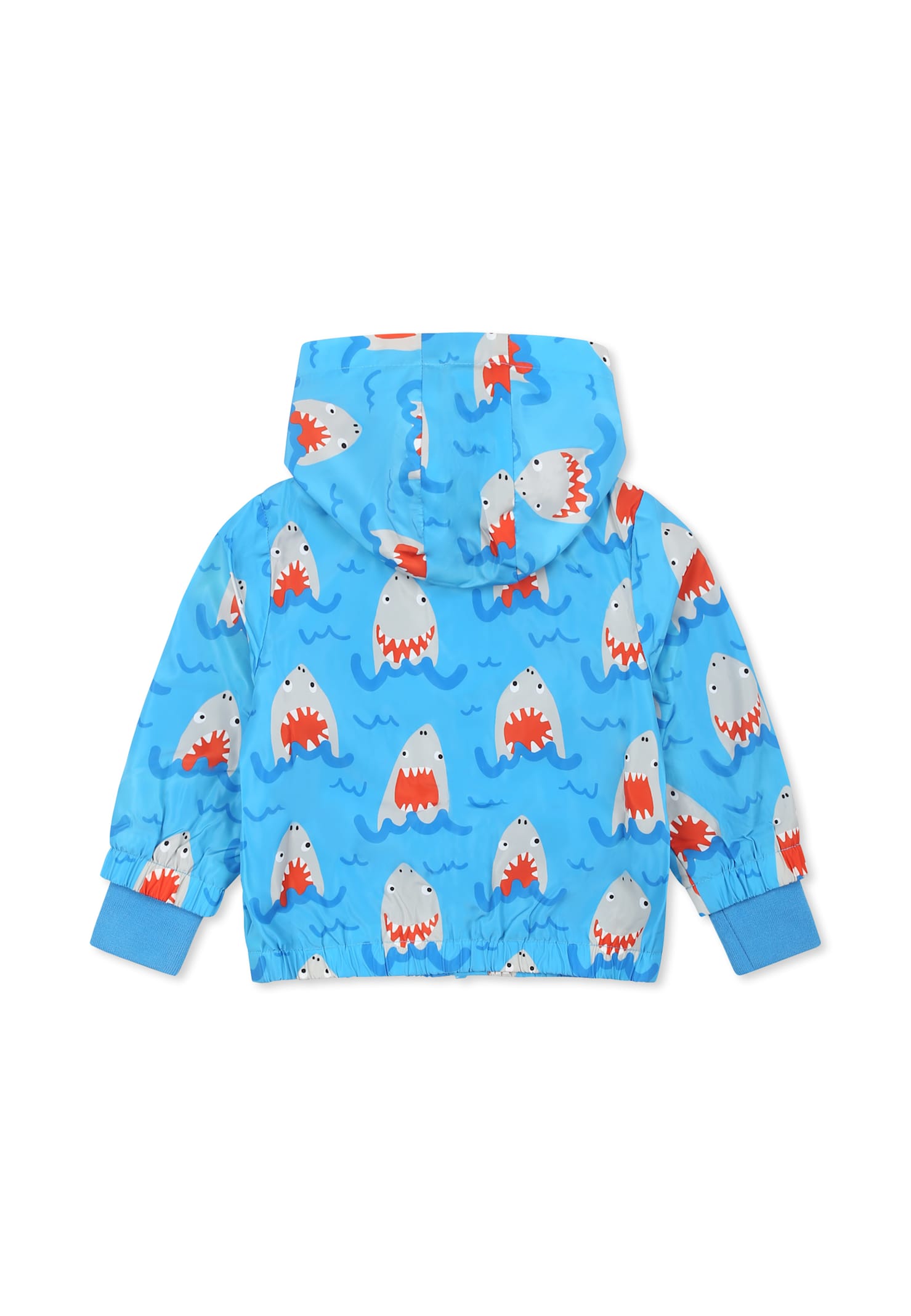 Stella Mccartney Blue Windbreaker Jacket For Baby Boy With Shark Print In Blue