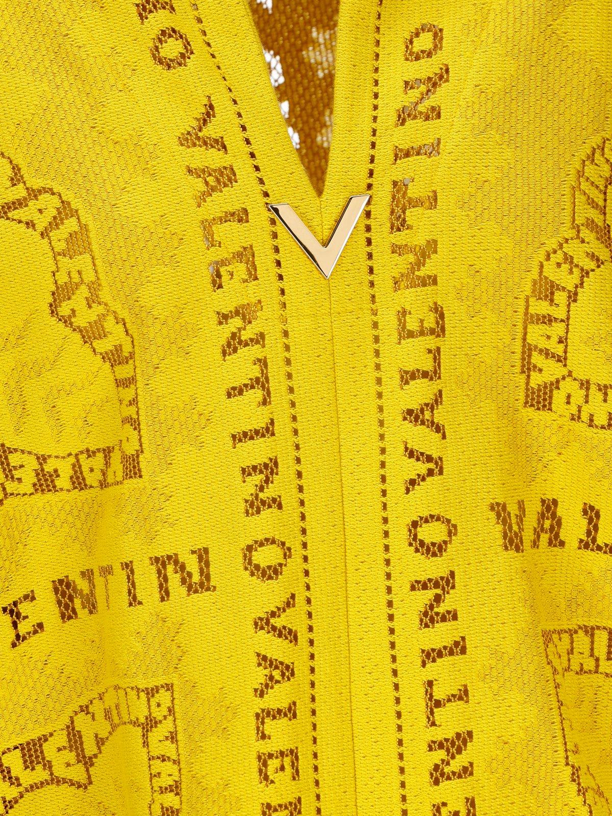 Shop Valentino Logo Plaque V-neck Long-sleeved Dress In Yellow