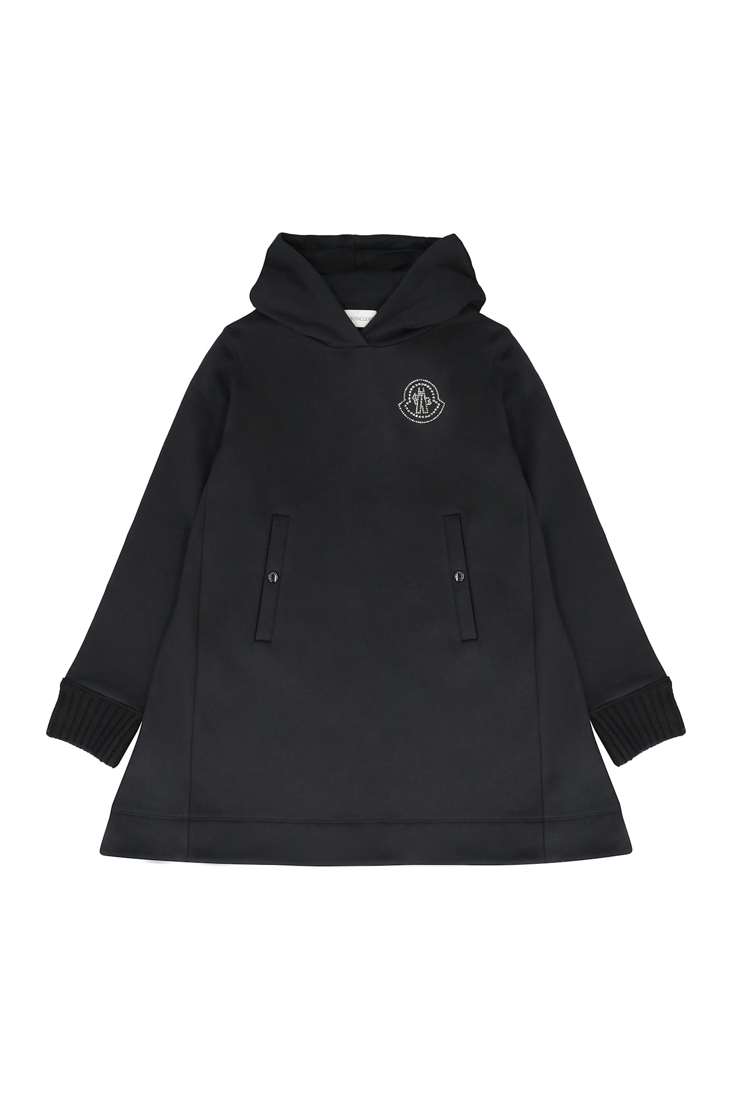 Moncler Hooded Crystal Logo Dress In Black