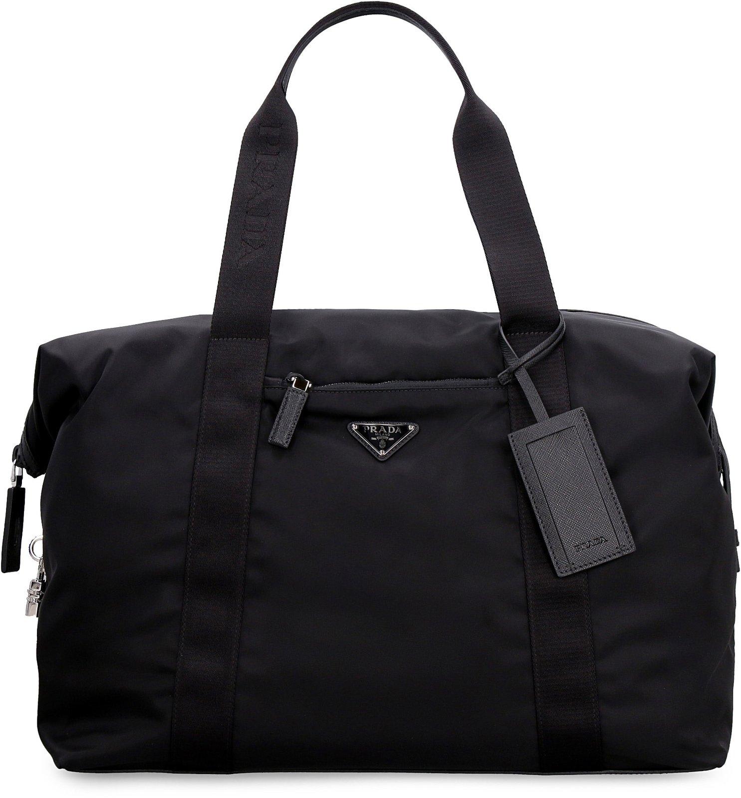 Prada Logo Triangle Zipped Travel Bag In Black