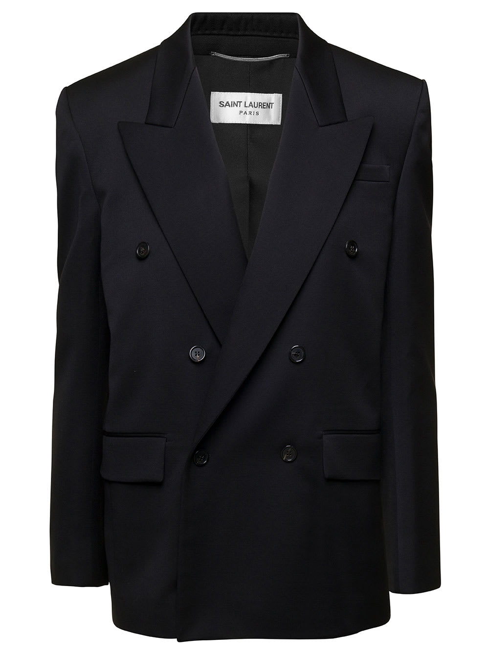 Saint Laurent Black Double-breasted Jacket With Satin Inserts In Wool Woman
