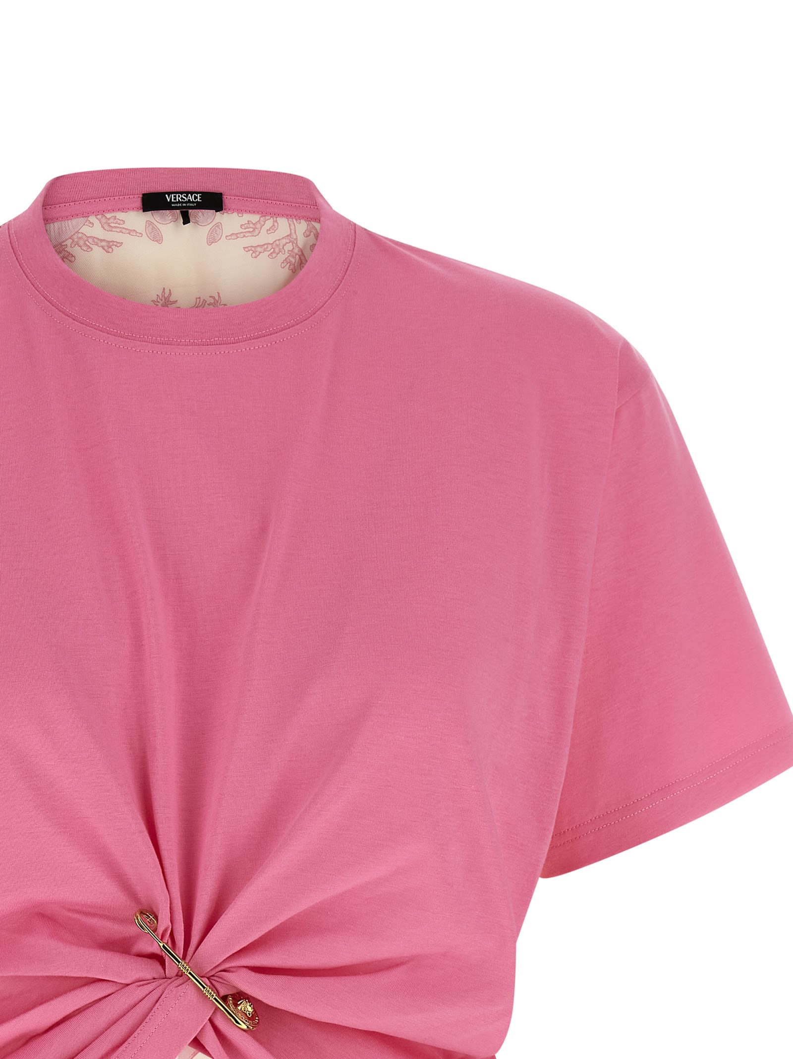Versace Safety-pin Twisted Crop T-shirt With Underwater Barocco Silk Twill Back In Multi