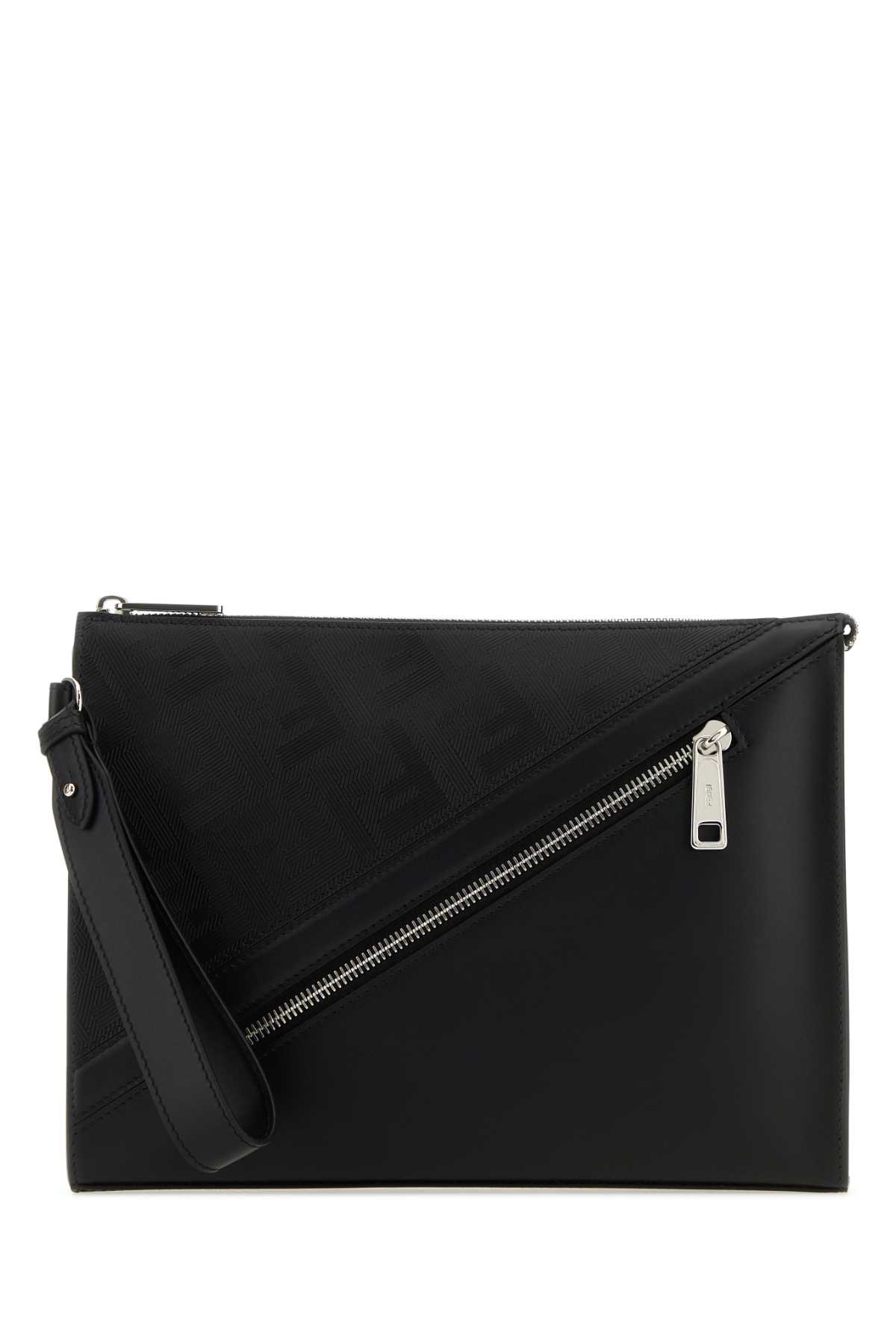 Shop Fendi Black Leather  Shadow Diagonal Clutch In Neropalladio