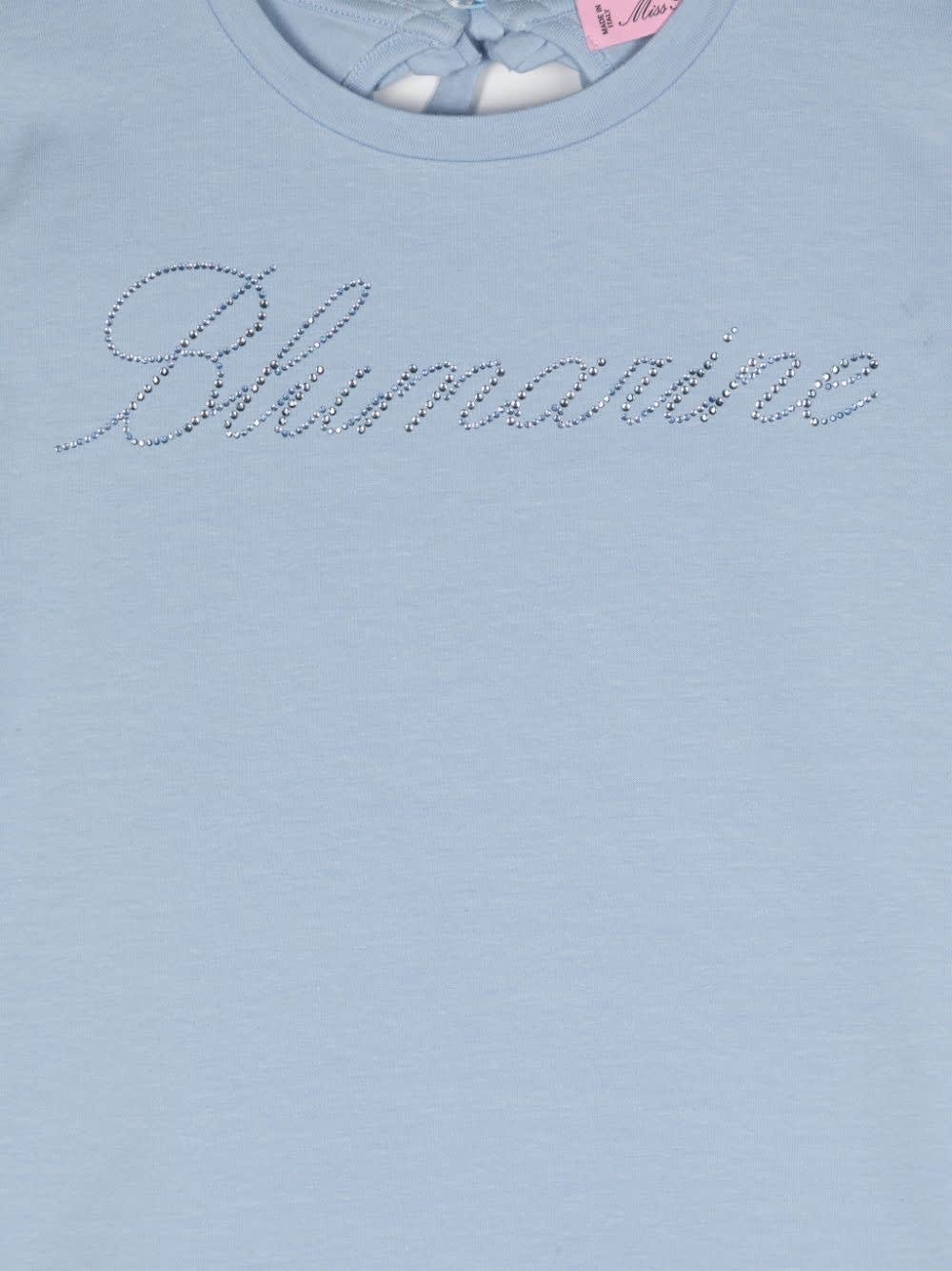 Shop Miss Blumarine Light Blue T-shirt With Rhinestone Logo And Ruffle Detail