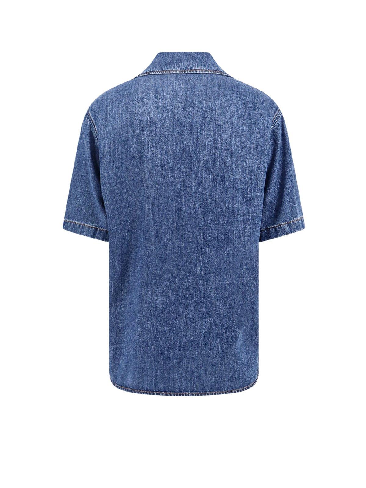 Shop Valentino Logo Plaque Straight Hem Denim Shirt In Blue