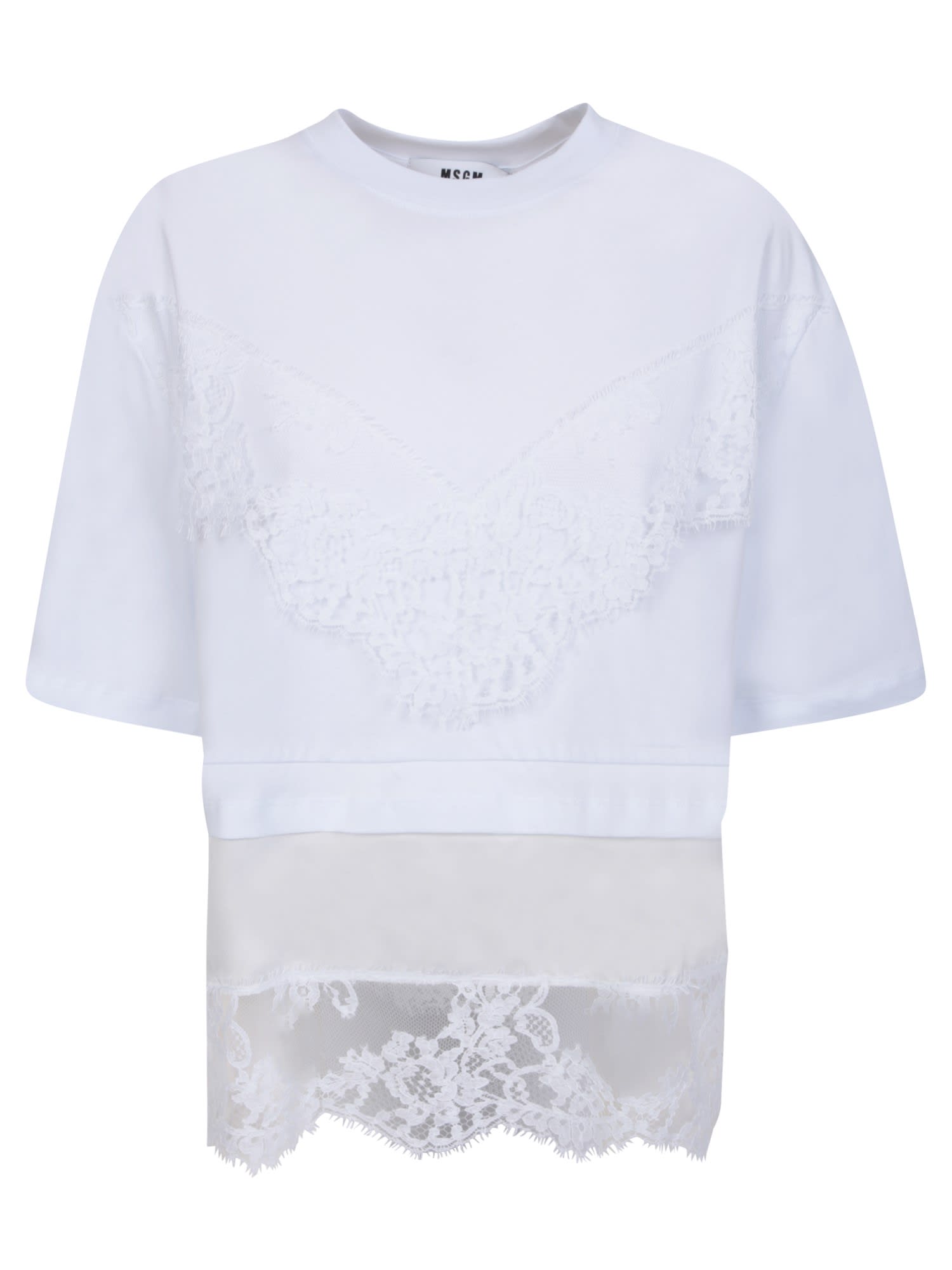 Shop Msgm Embroidered Lace White T-shirt