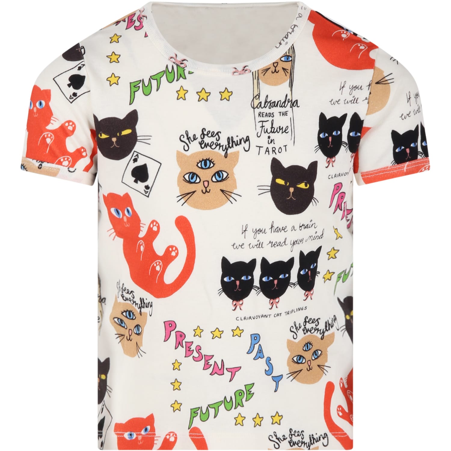 Mini Rodini Ivory T-shirt For Kids With Clairvoyant Cats Print