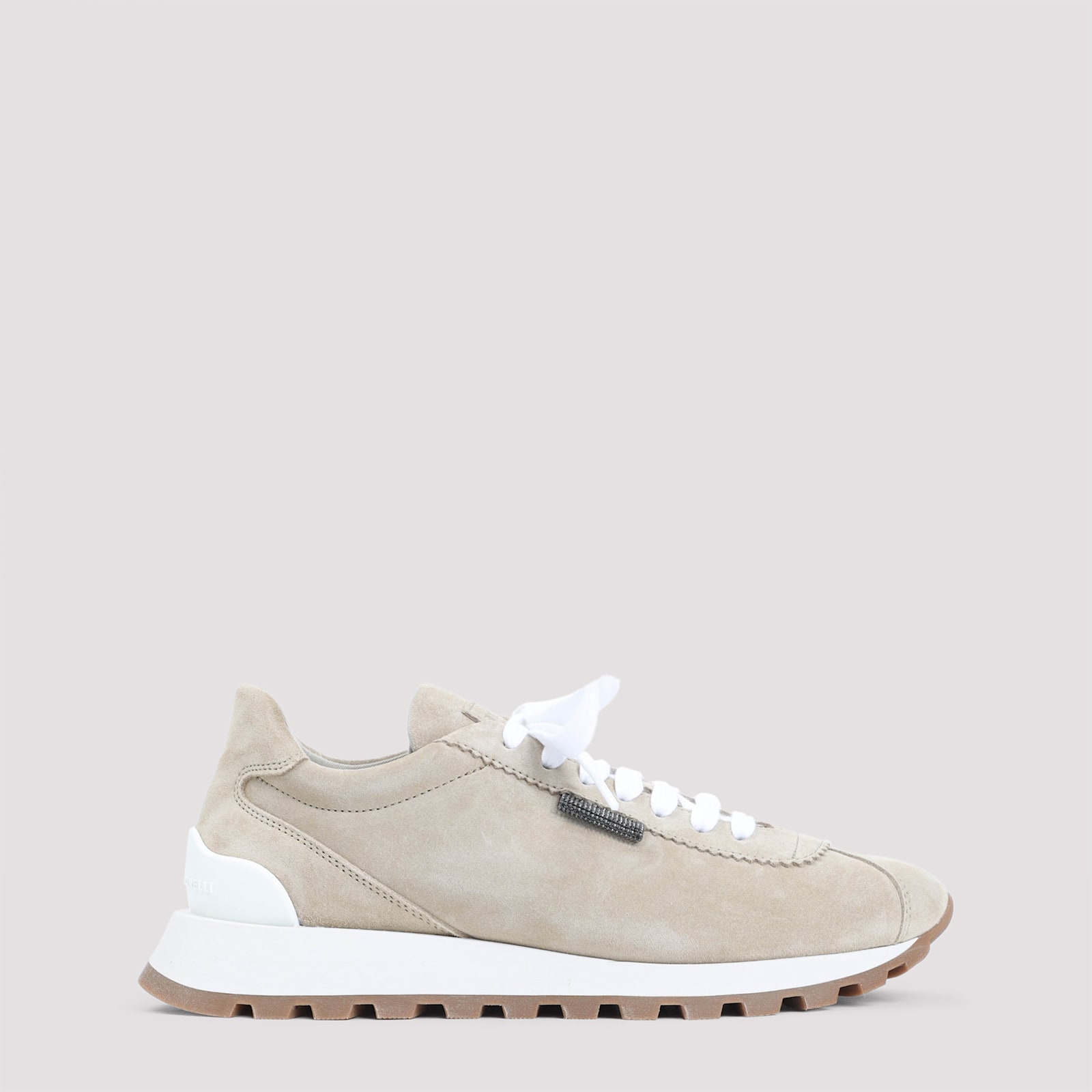 Brunello Cucinelli Beige Low Top Sneakers With Monil Detail On The Side And Embossed Logo Lettering On The Rear In Gray