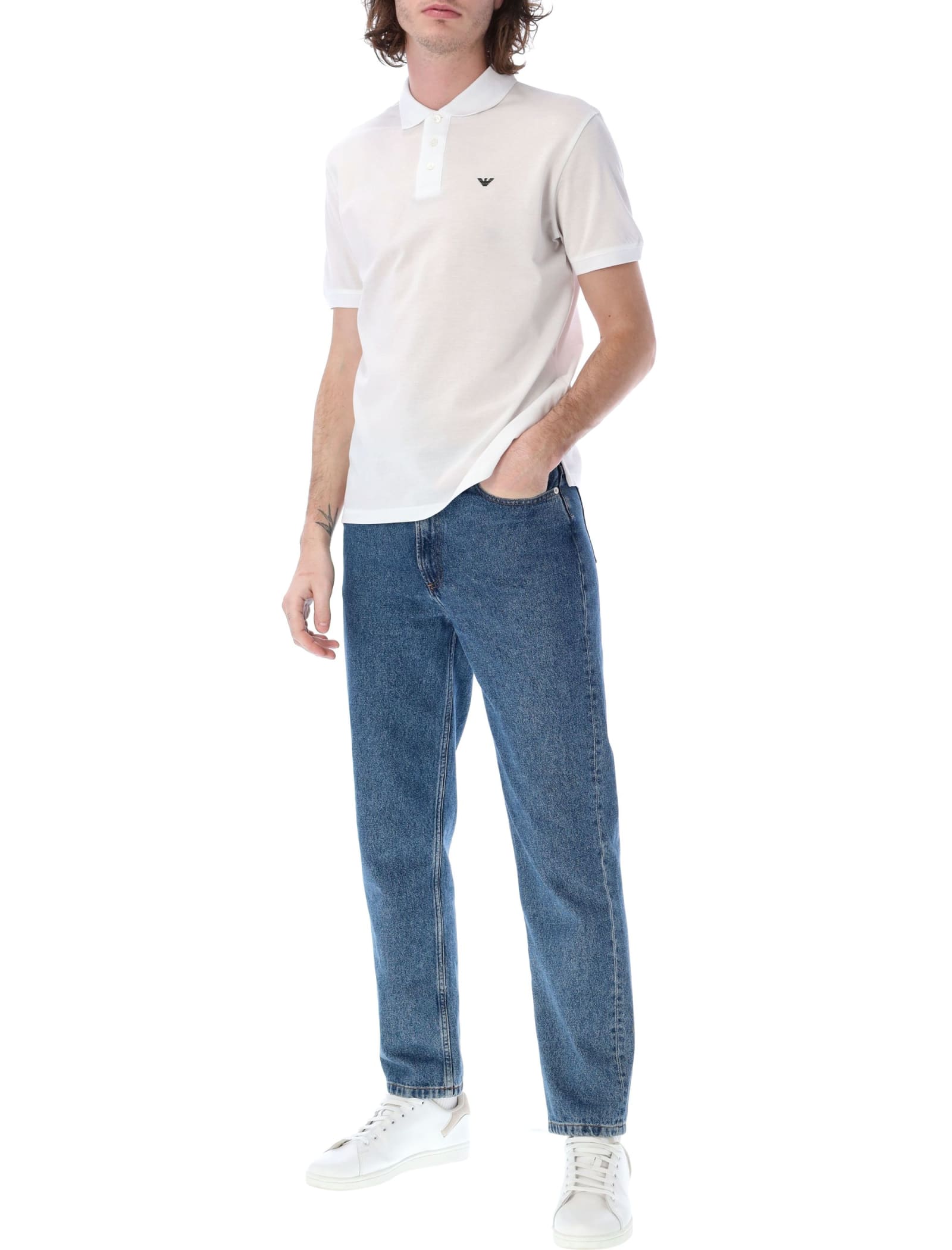 Emporio Armani Logo Embroidery Cotton Polo Shirt In White