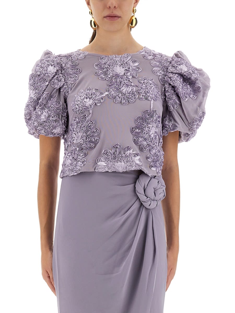 Rotate Birger Christensen 3d Floral Mesh Top With Voluminous Puff Sleeves In Blue