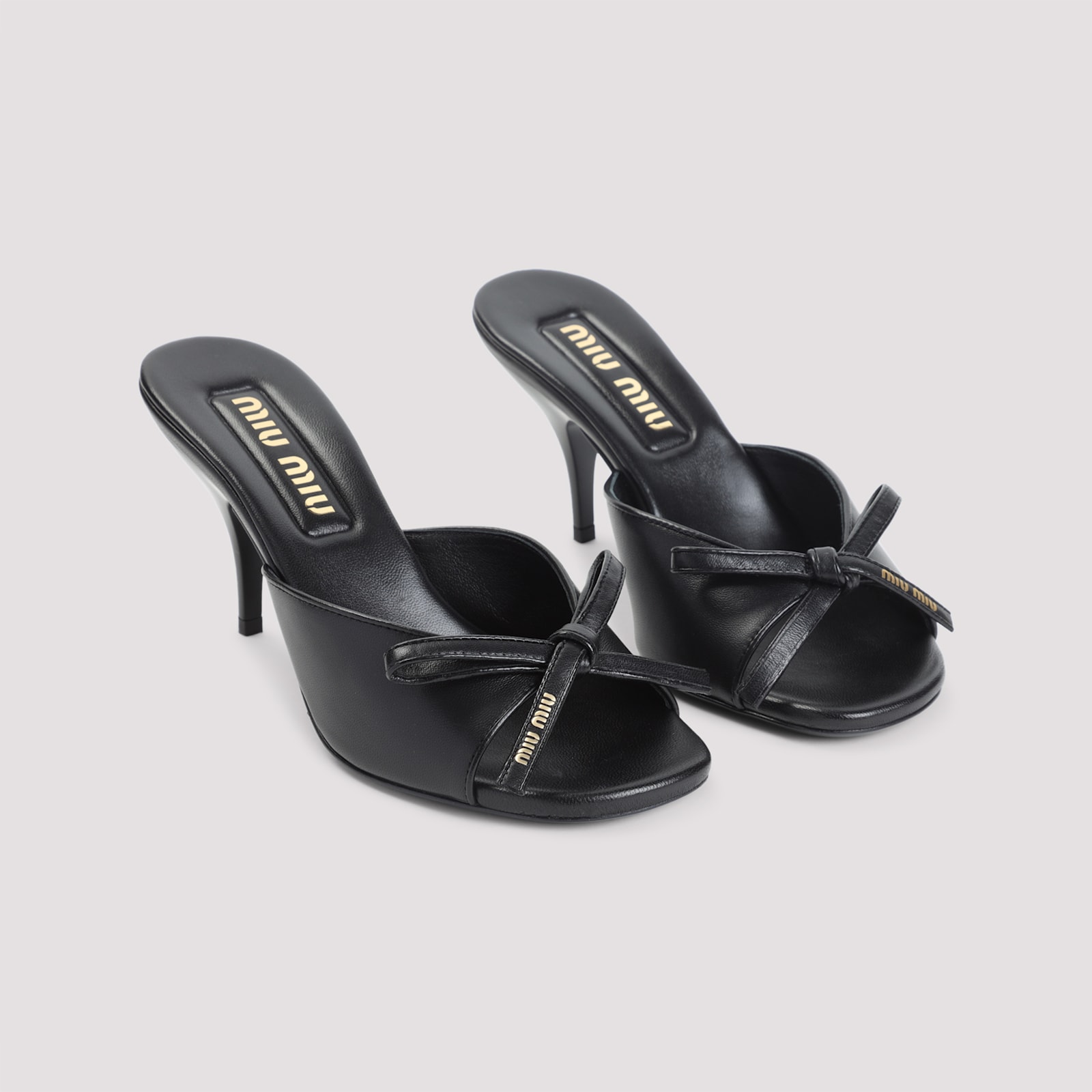 Miu Miu Lamb Leather Slippers Bow Open Toe Stiletto In Black