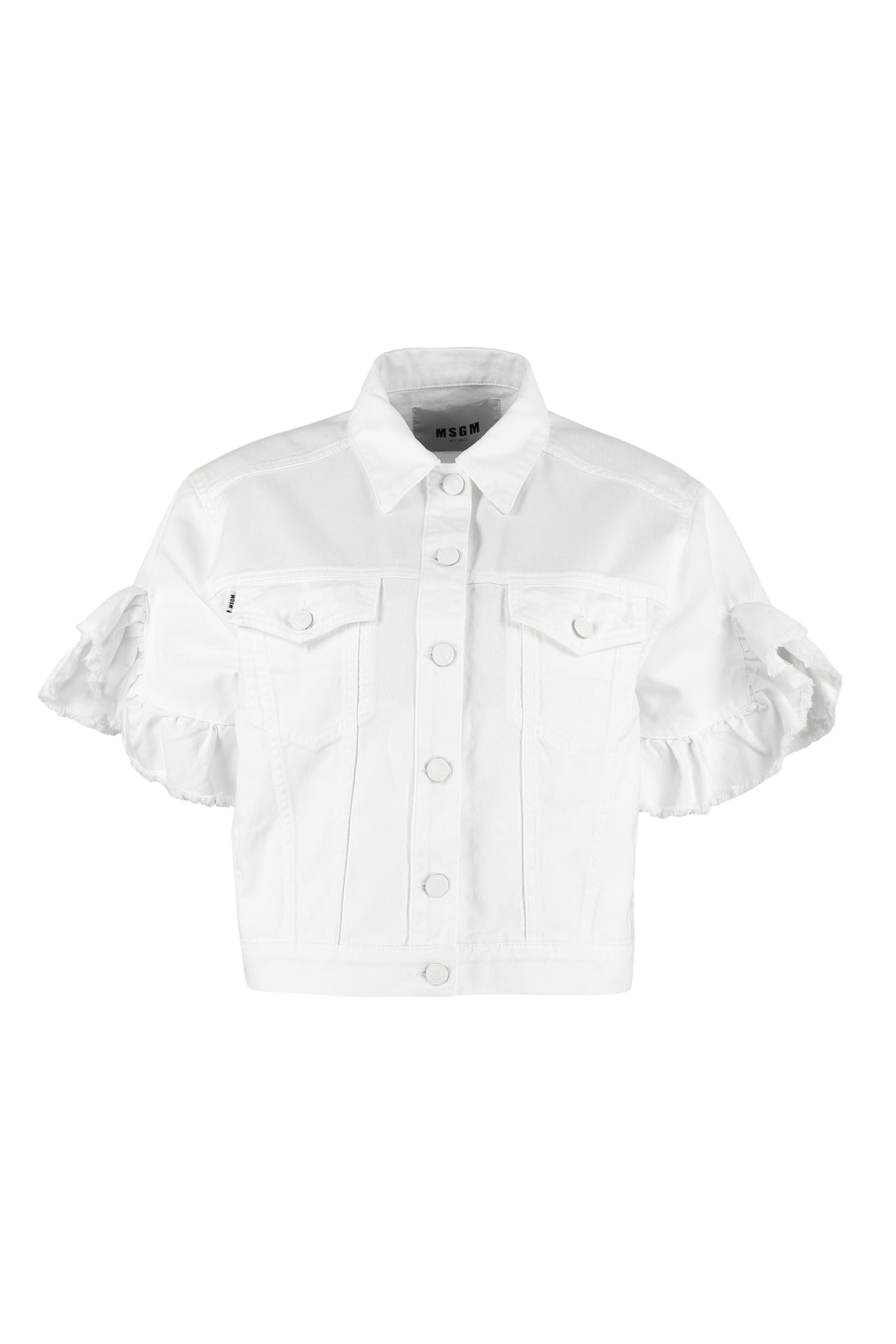 white ruffle denim jacket