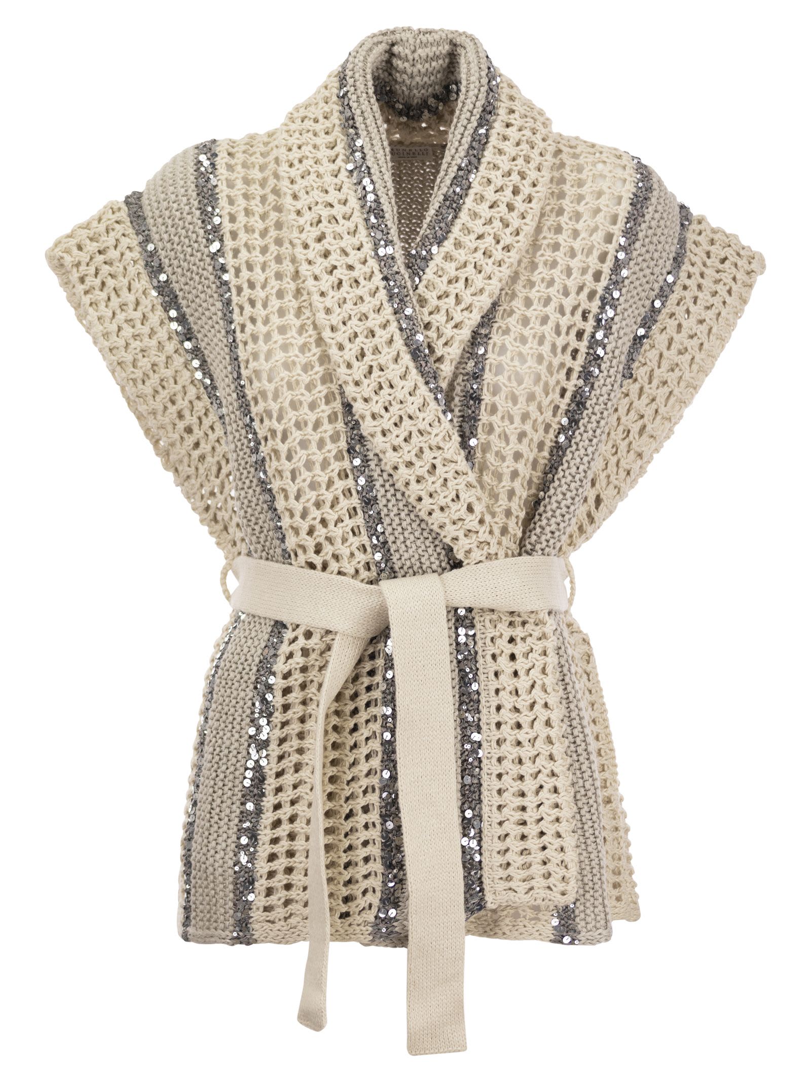 Shop Brunello Cucinelli Dazzling Stripe Cardigan In Jute, Linen, Cotton And Silk Net Stitch With Belt In Beige