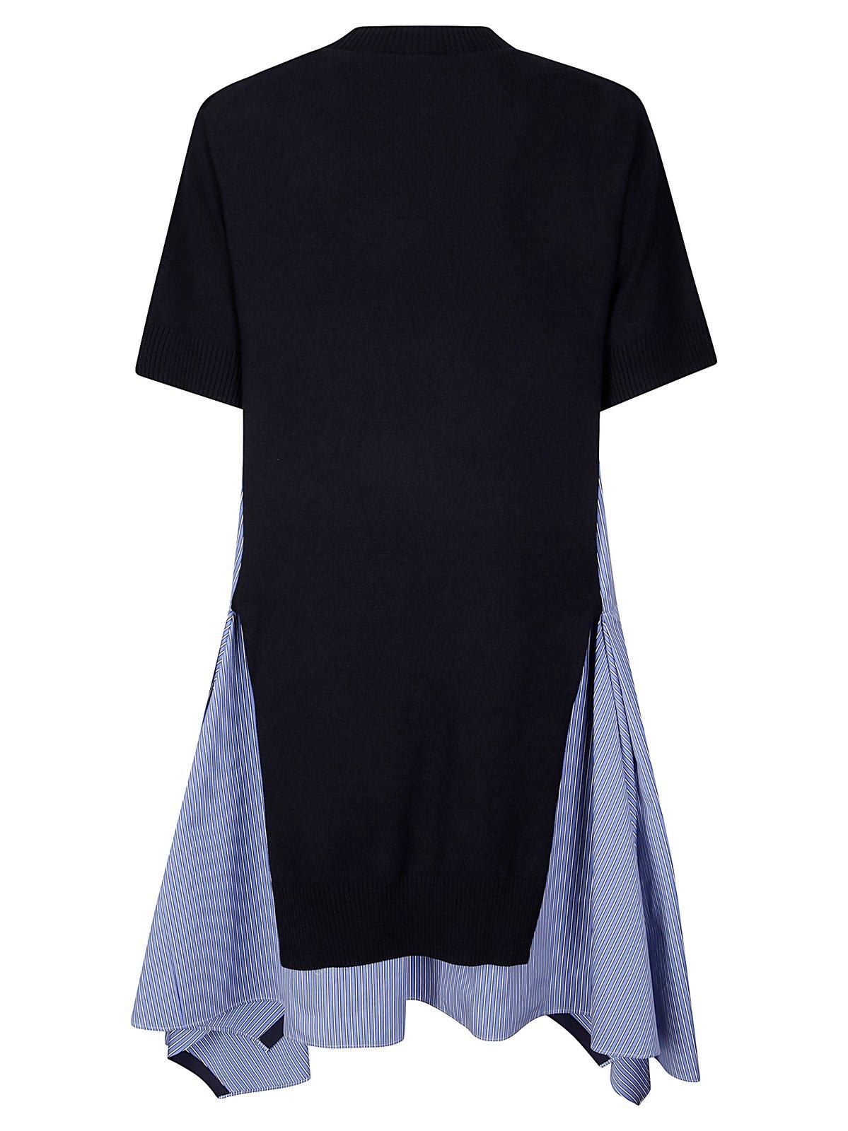 Sacai Cotton And Knit Dress With Asymmetric Hem In Navy×blue Stripe