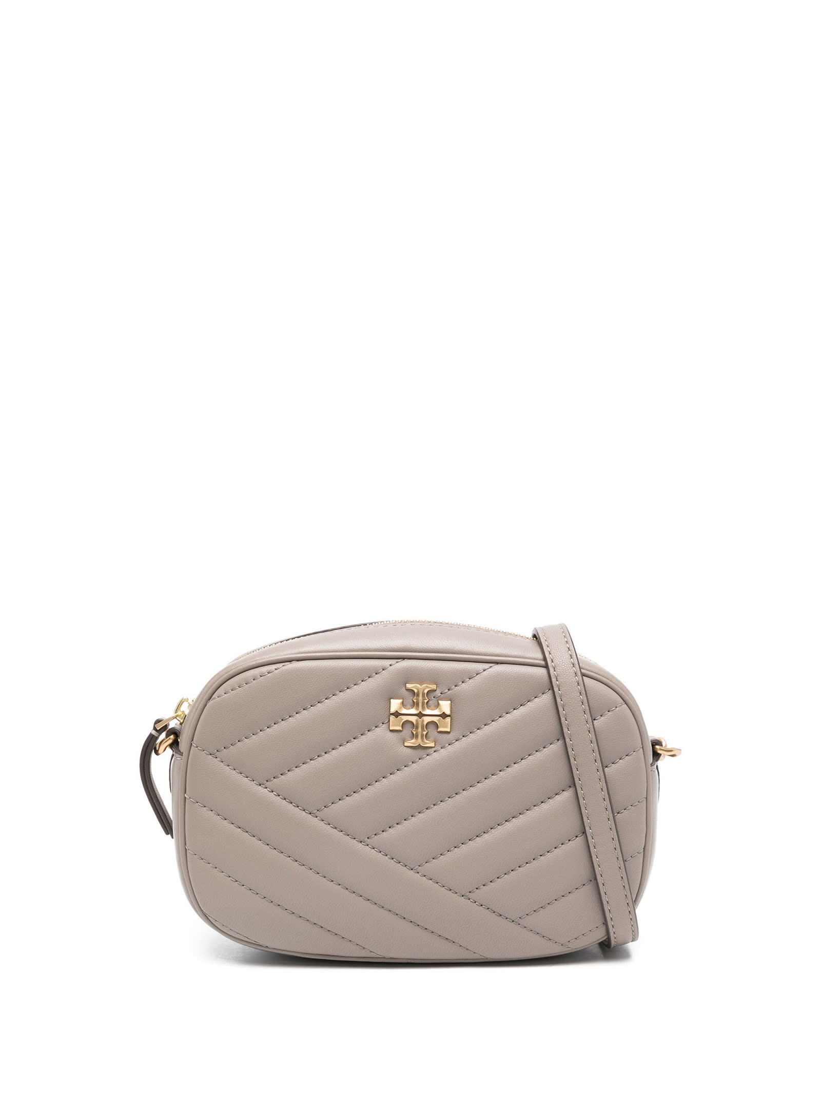 Shop Tory Burch Kira Chevron Leather Camera Bag With Shoulder Strap In Gray Heron