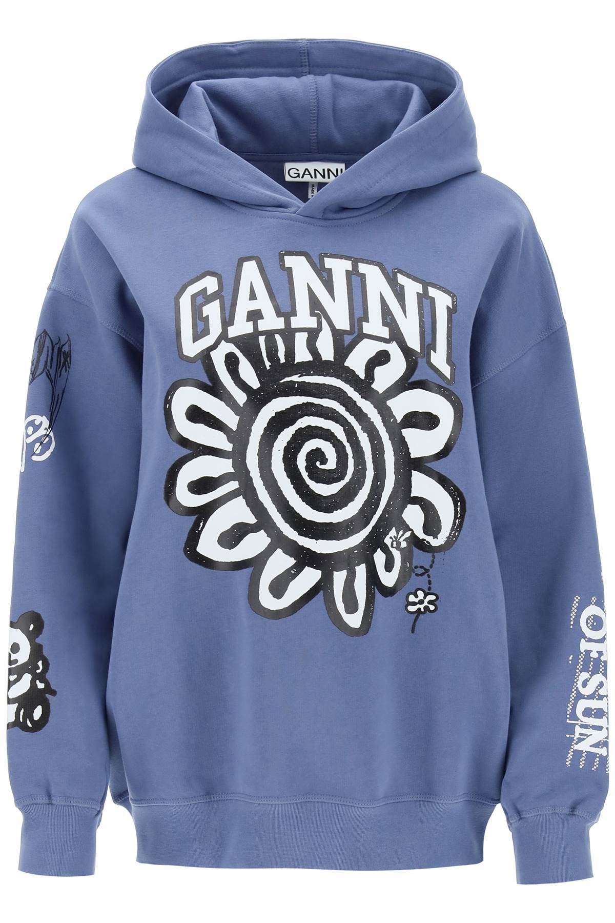 Shop Ganni Hoodie With Graphic Prints In Gray Blue (light Blue)