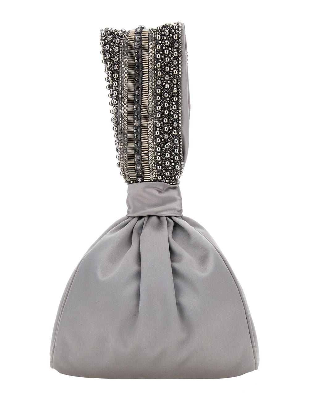 Grey Handbag With Strass And Beads In Satin Fabric Woman