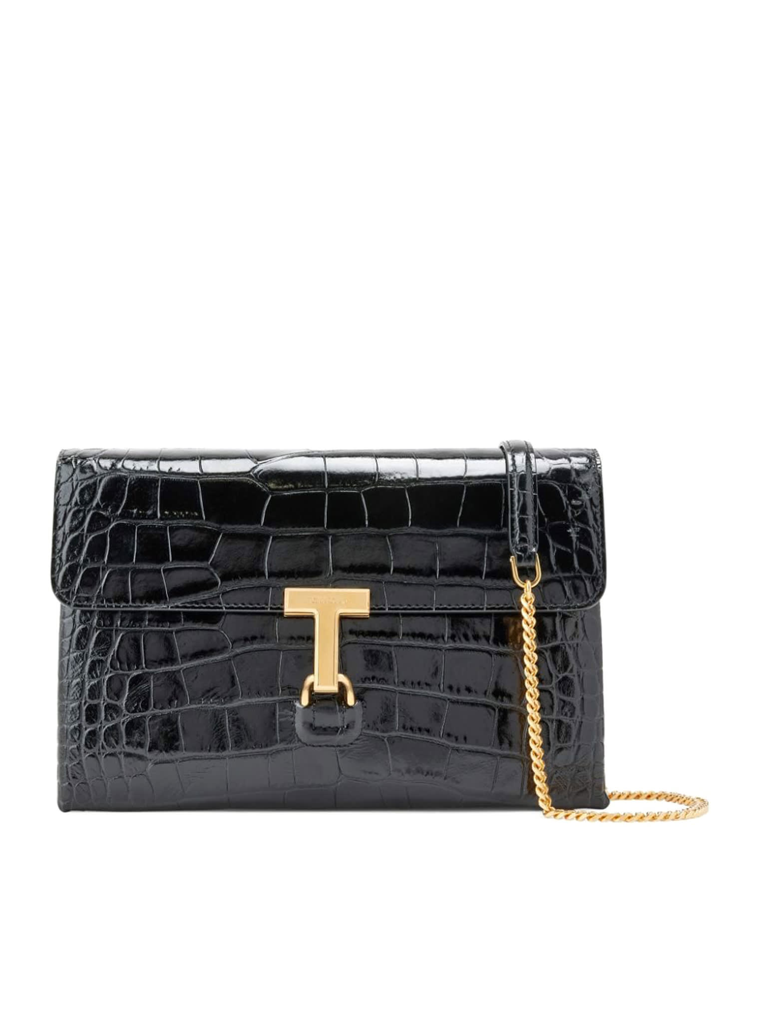 Shop Tom Ford Shiny Stamped Croc Medium Shoulder Bag In Black