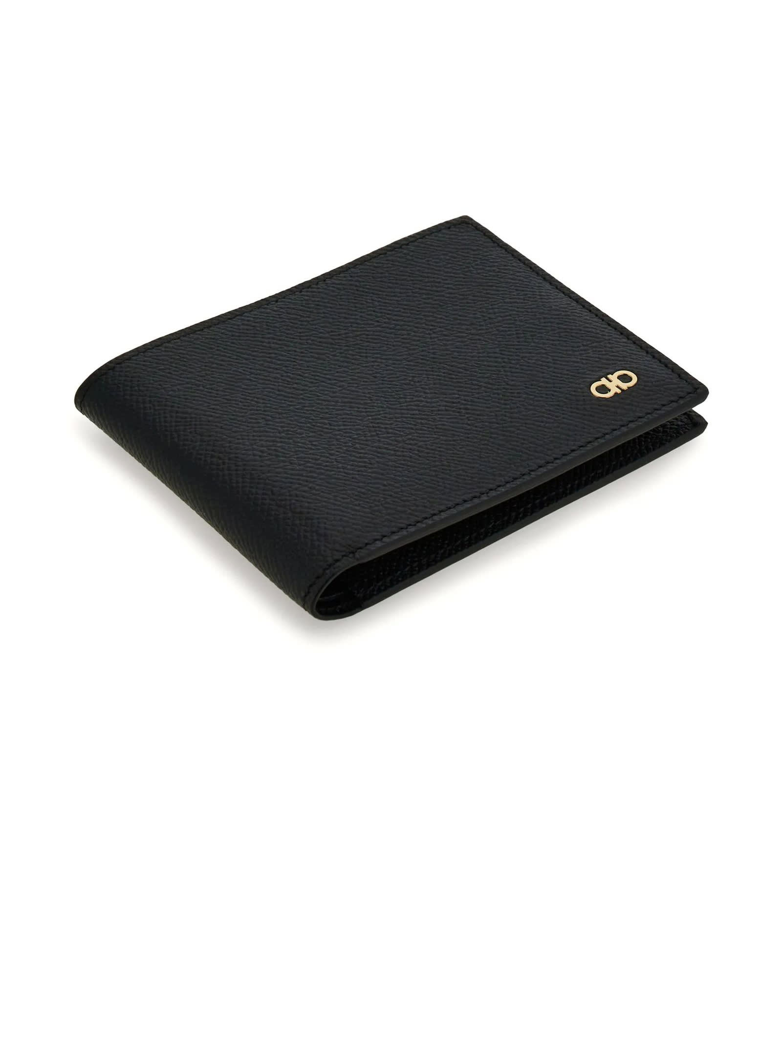 Ferragamo Gancini Grained Leather Bi-fold Wallet In Black