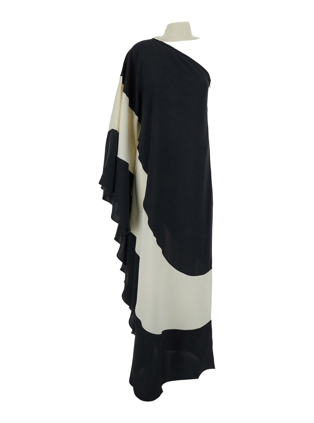Long Relaxed Black And White One-shoulder Dress In Acetate Blend Woman