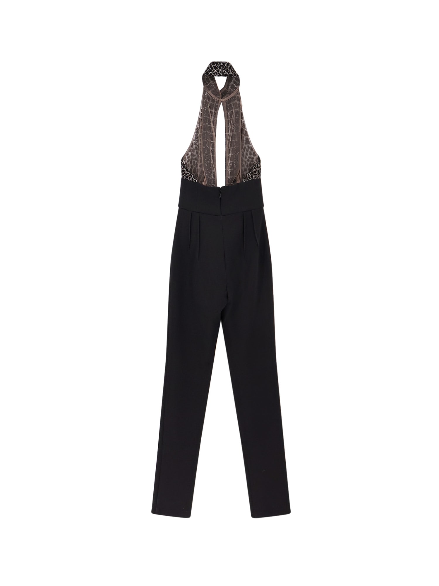 Elisabetta Franchi Black Jumpsuit With Embroidered Bodice And Halterneck In Tech Fabric Stretch Woman In Black