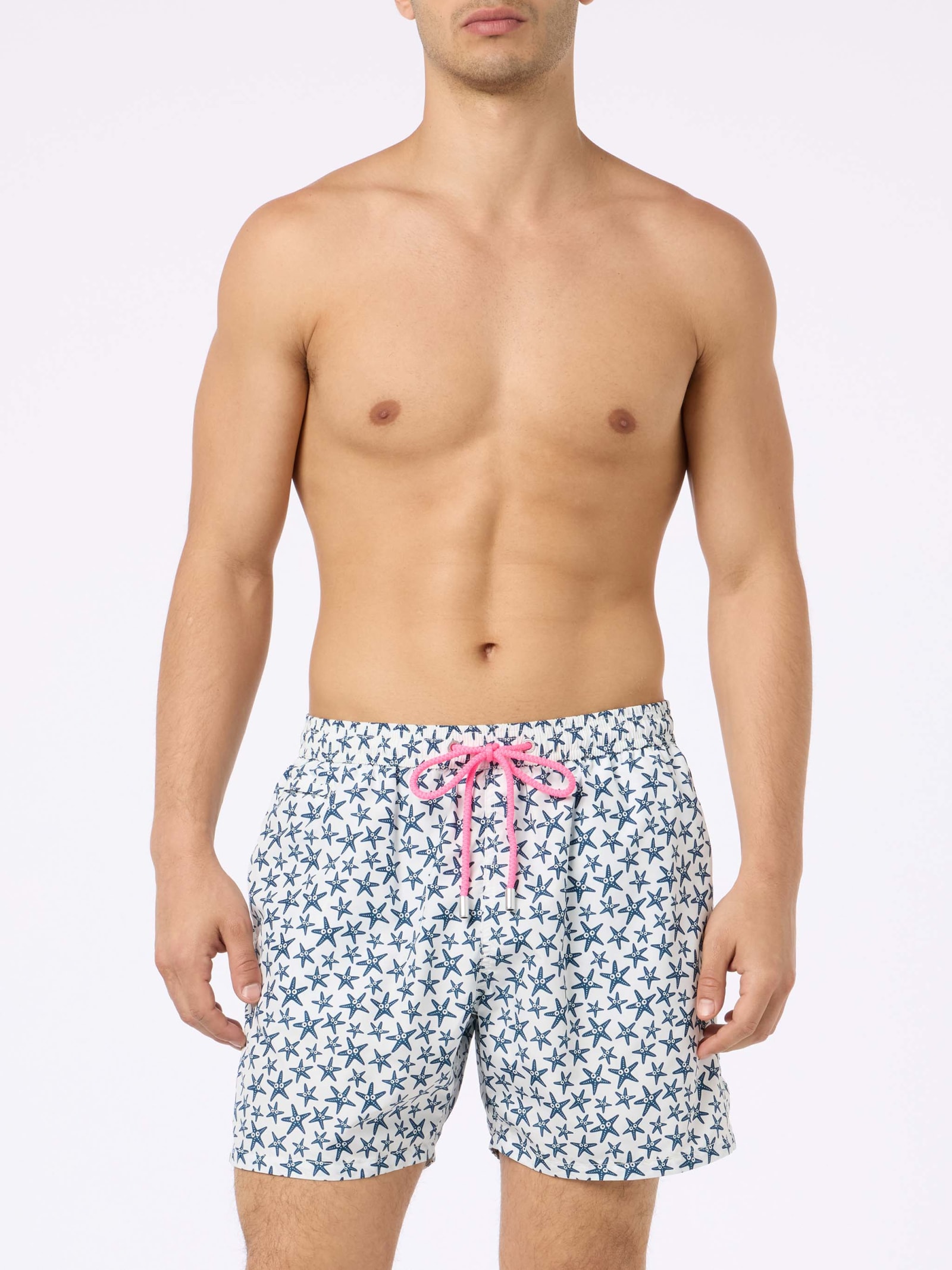 Mc2 Saint Barth Man Lightweight Fabric Swim-shorts Lighting Micro Fantasy With Starfishes Print In White