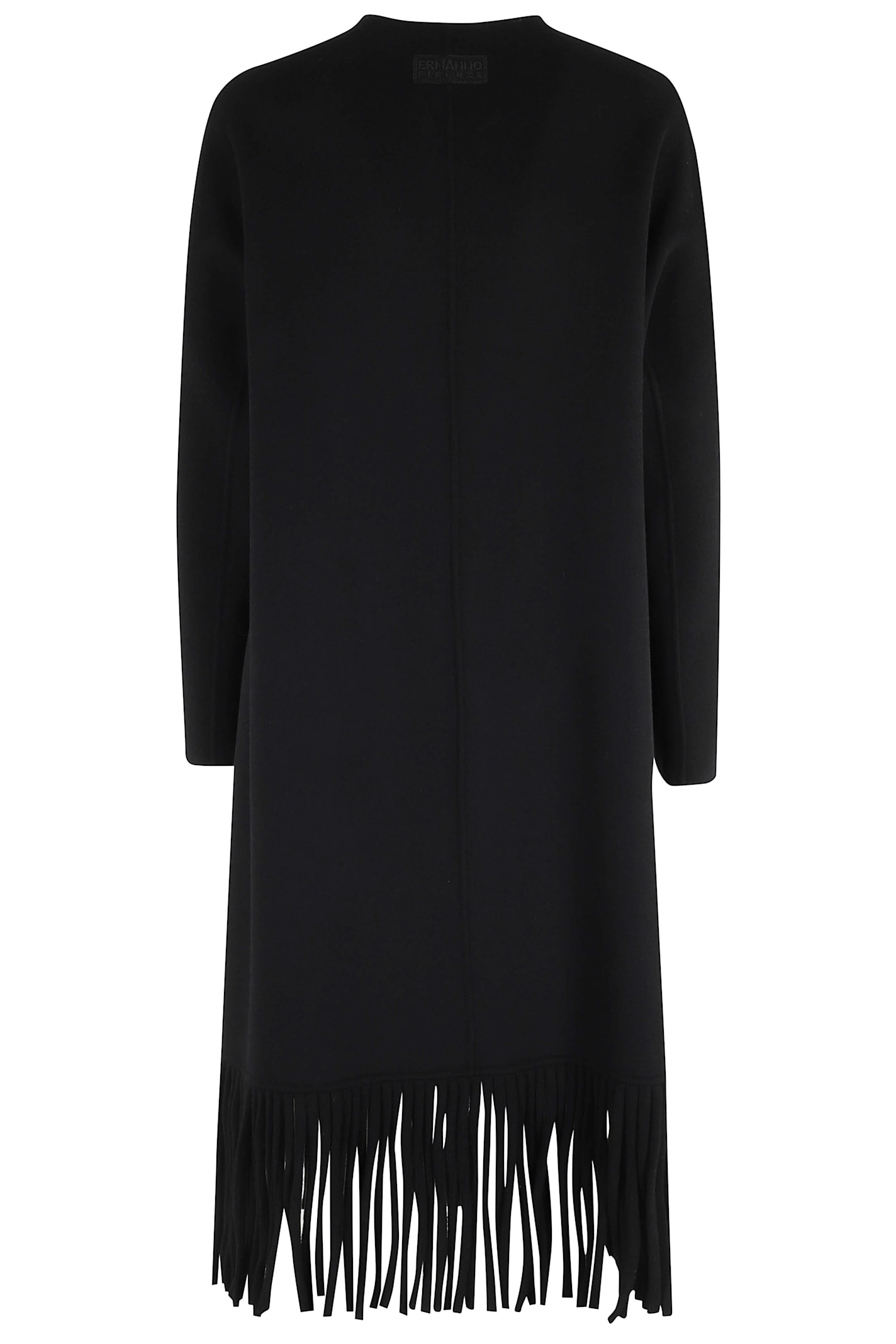 Ermanno Firenze Fringed Hem Long Coat In Wool Blend In Black