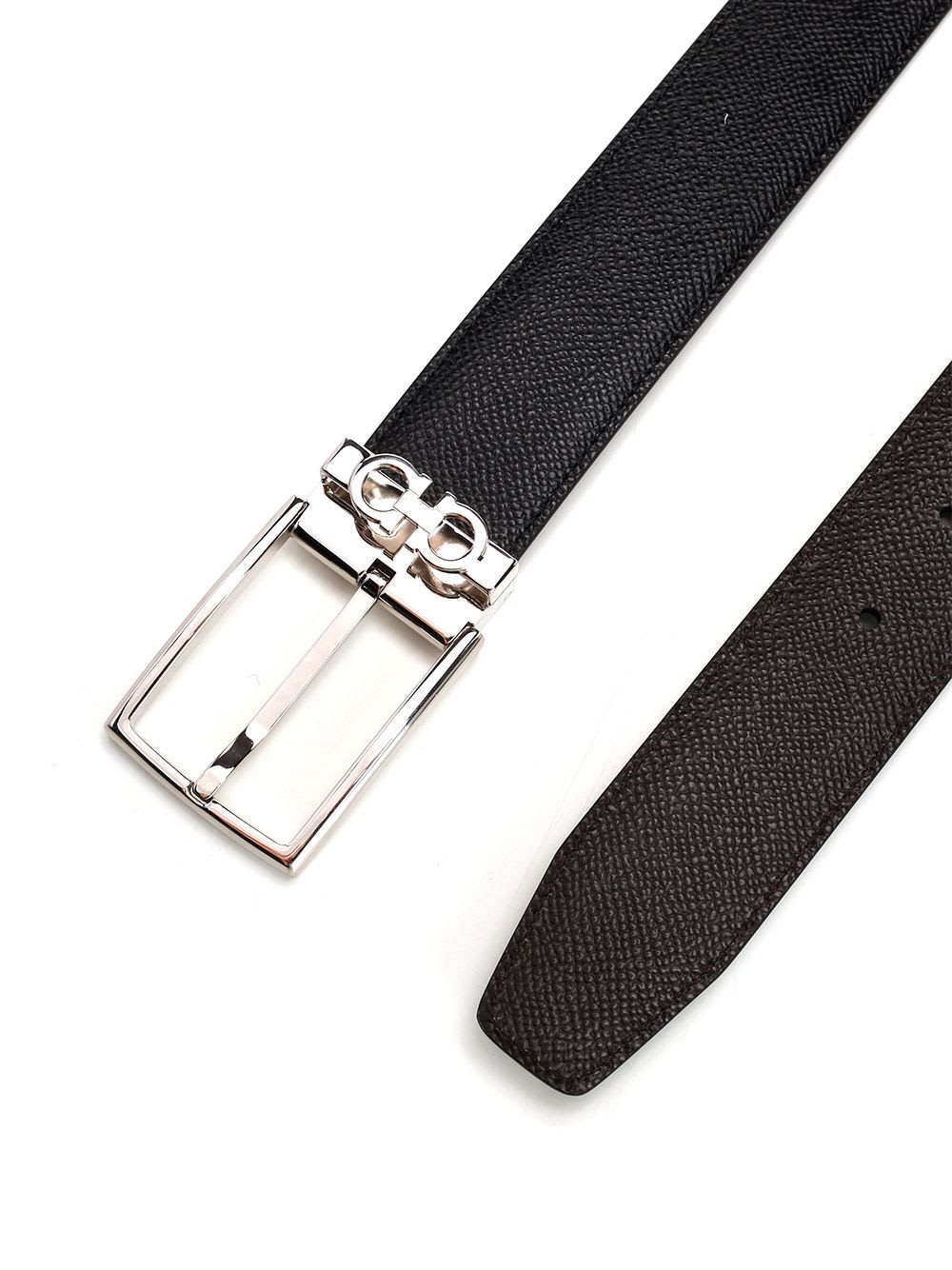 Ferragamo Black Reversible Belt With Gancini Buckle Belt In Grained Leather Man In Black