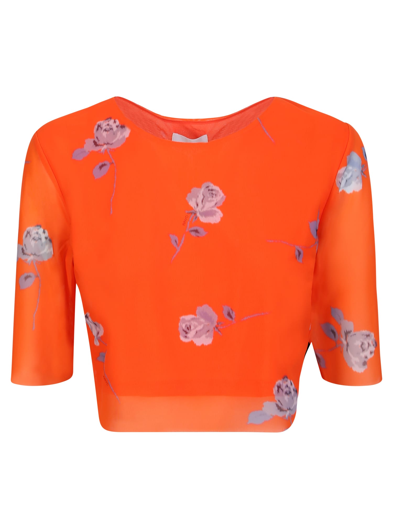 Ganni Short Sleeve Orange Printed Mesh Cropped T-shirt In Orange